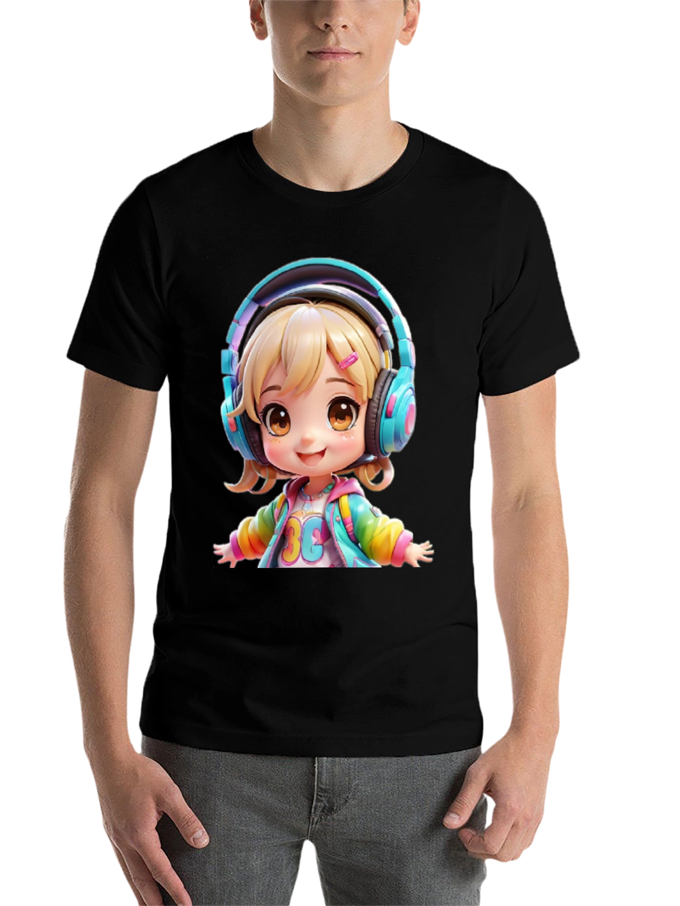 Black Anime Girl with Headphones Graphic T-Shirt view 7