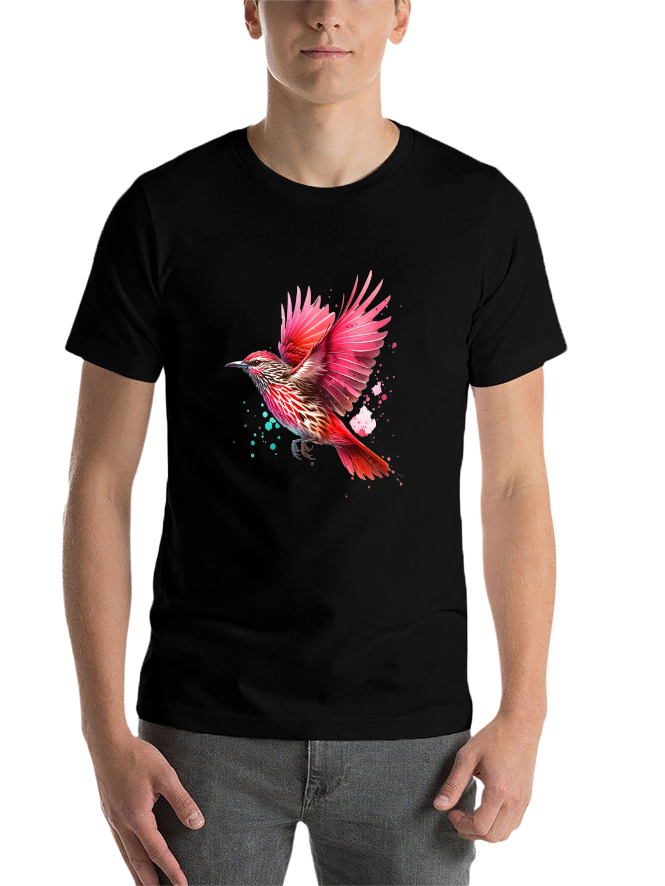 Black Vibrant Bird Print Black T-Shirt view 7