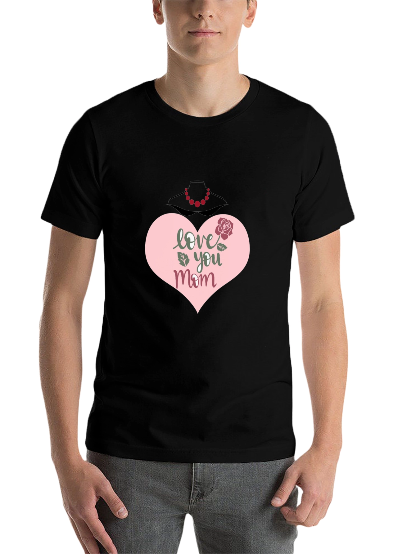 Black Love You Mom T-Shirt - Heart & Rose Design view 7