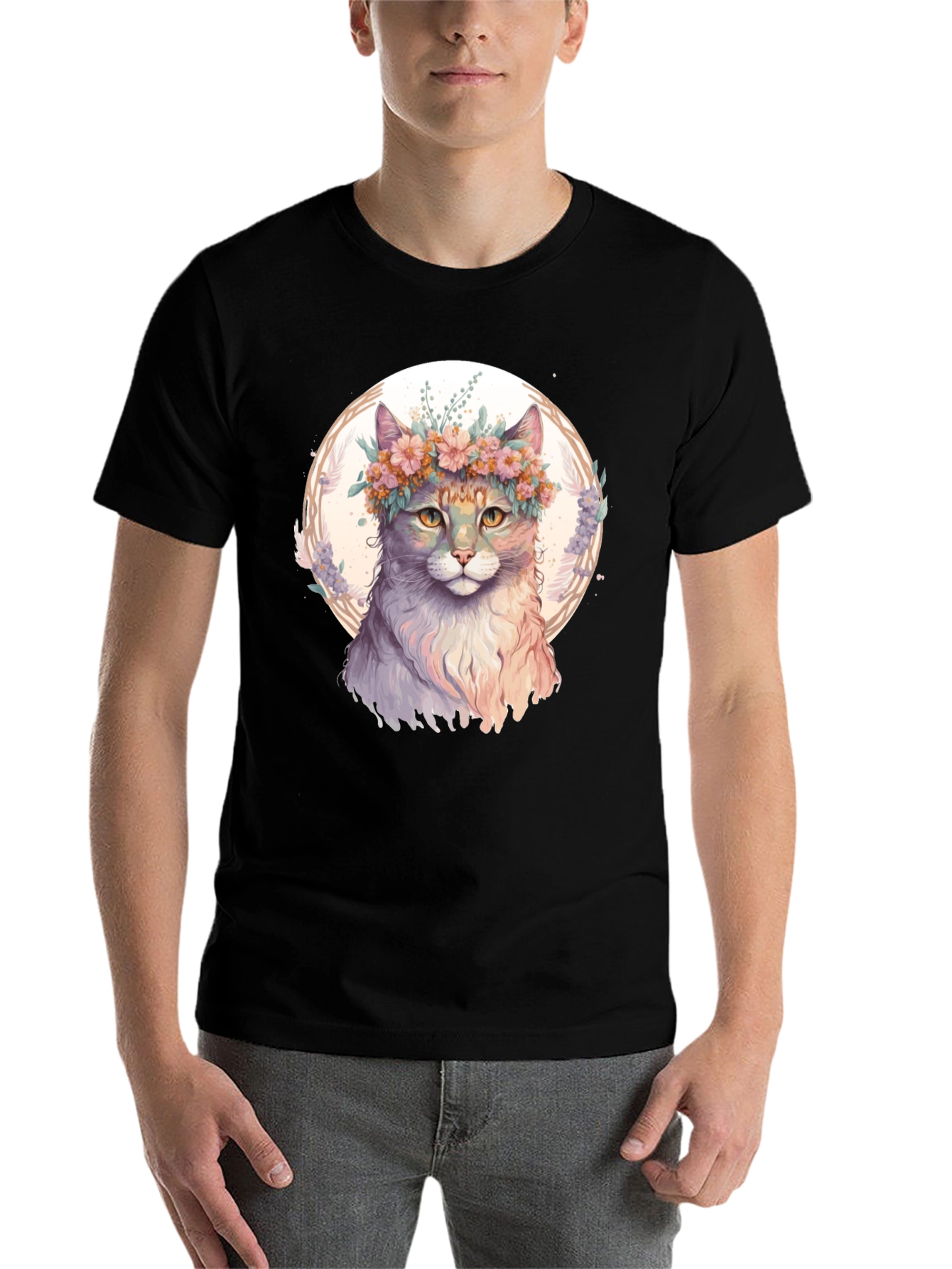 Black Cat Flower Crown Graphic Black T-Shirt view 7
