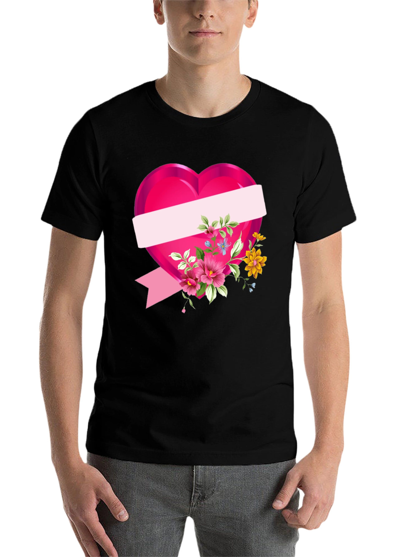Black Floral Heart Graphic T-Shirt - Black view 7