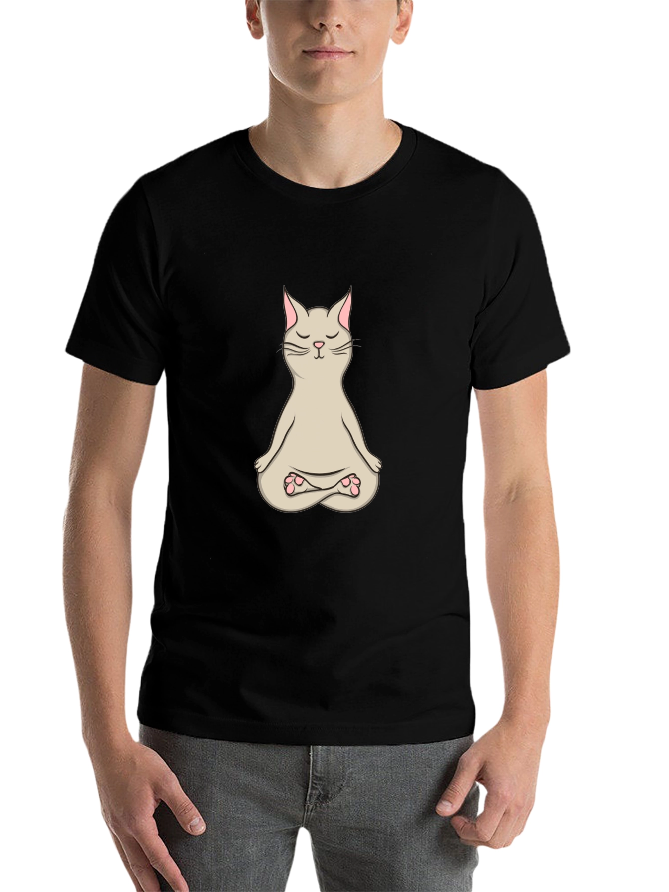 Black Zen Cat T-Shirt - Meditating Feline Design view 7