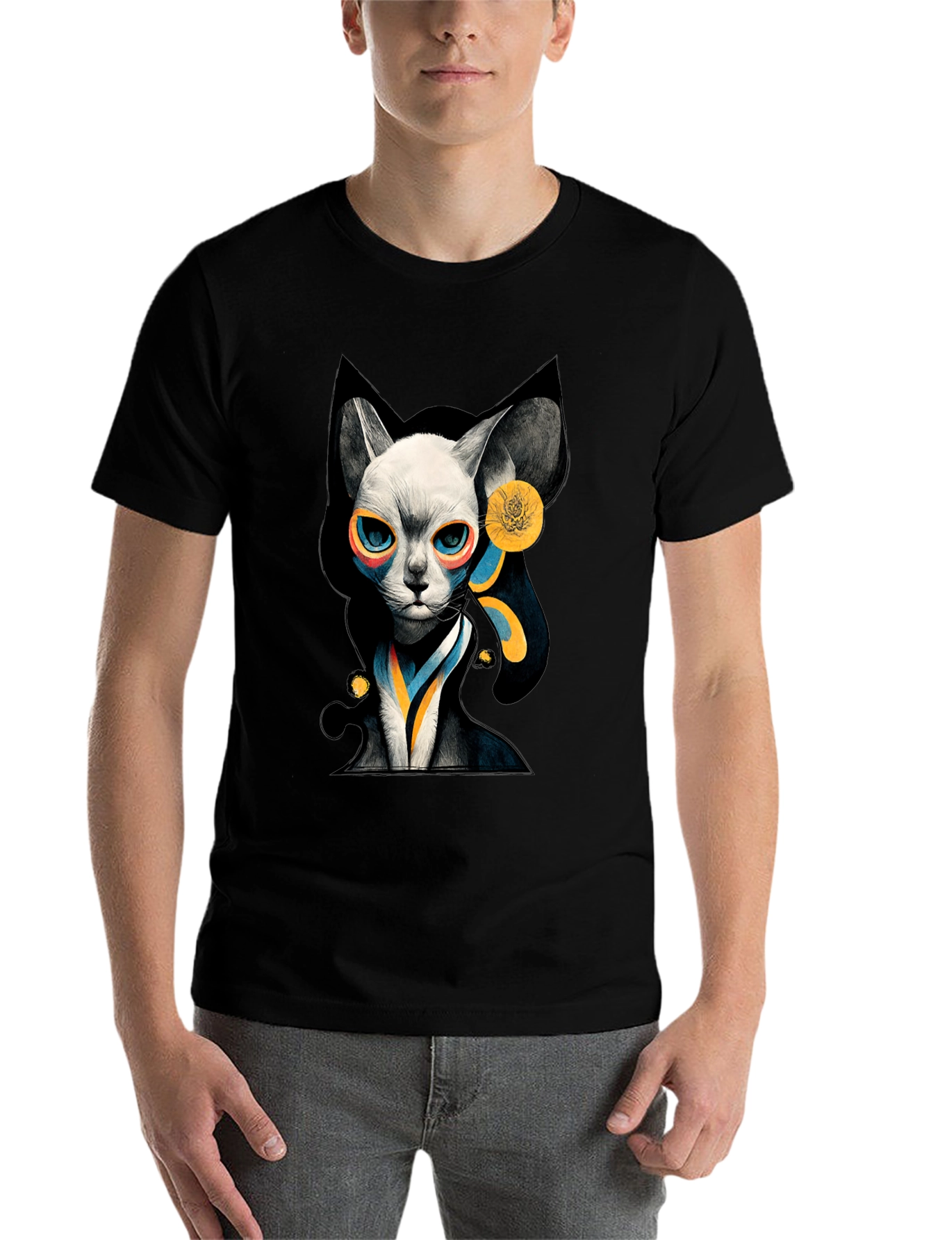 Black Abstract Cat Graphic Black T-Shirt view 7