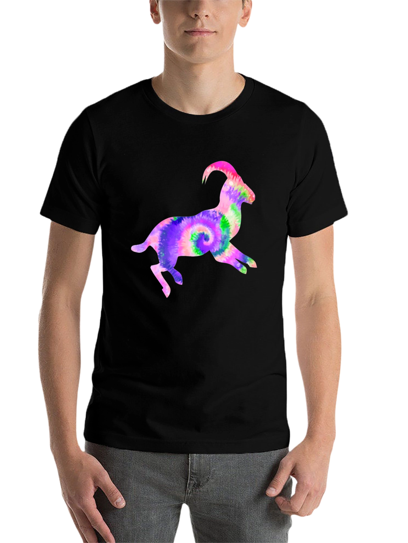 Black Tie-Dye Goat Graphic Tee - Fun Animal T-Shirt view 7