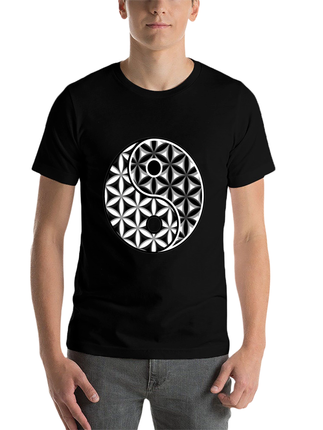Black Yin Yang Flower of Life Graphic Tee - Black Cotton Blend view 7