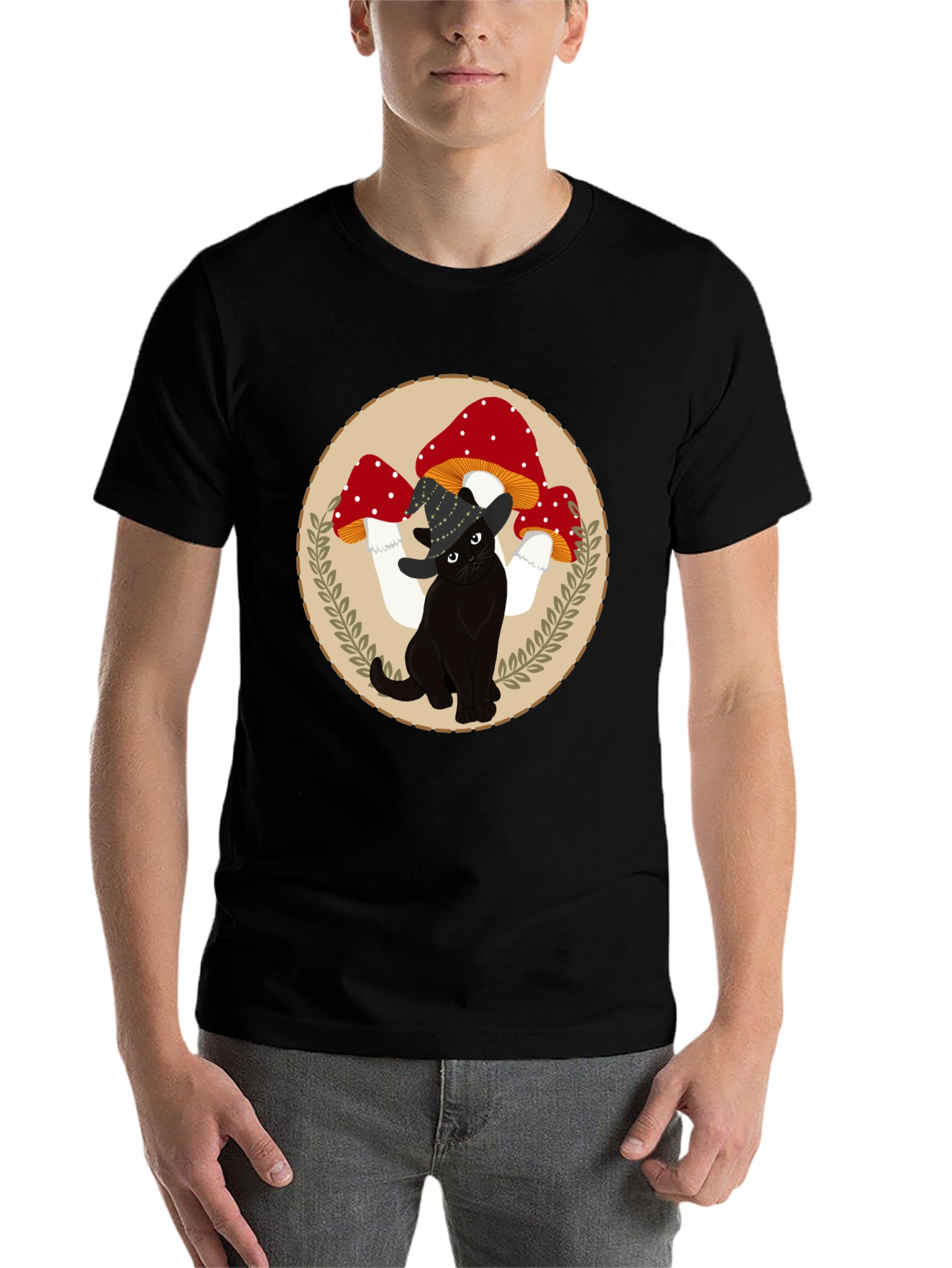 Black Black Cat & Mushroom T-Shirt - Whimsical Graphic Tee view 7