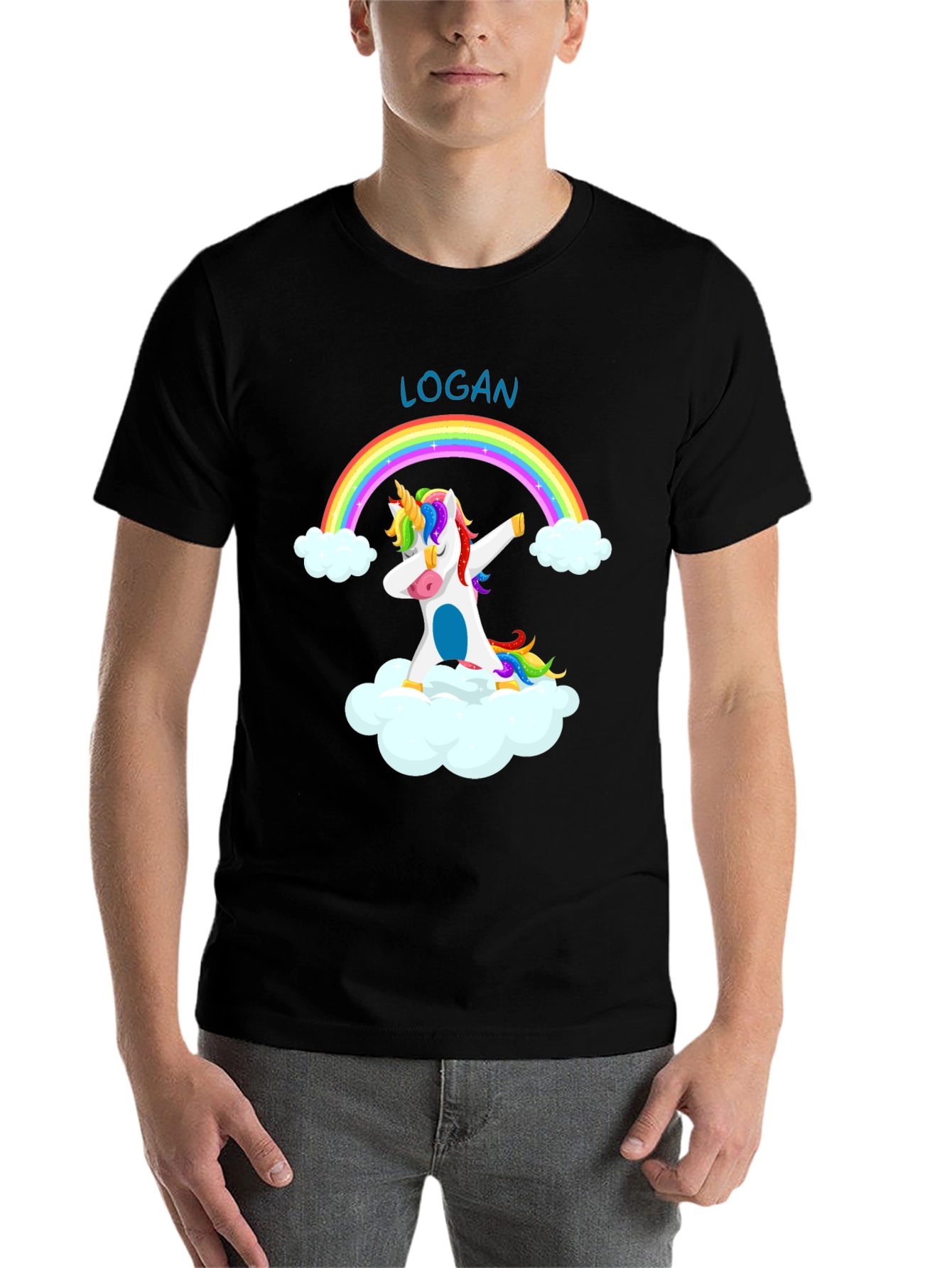 Black Logan Unicorn Dab Rainbow T-Shirt - Black Cotton Tee view 7
