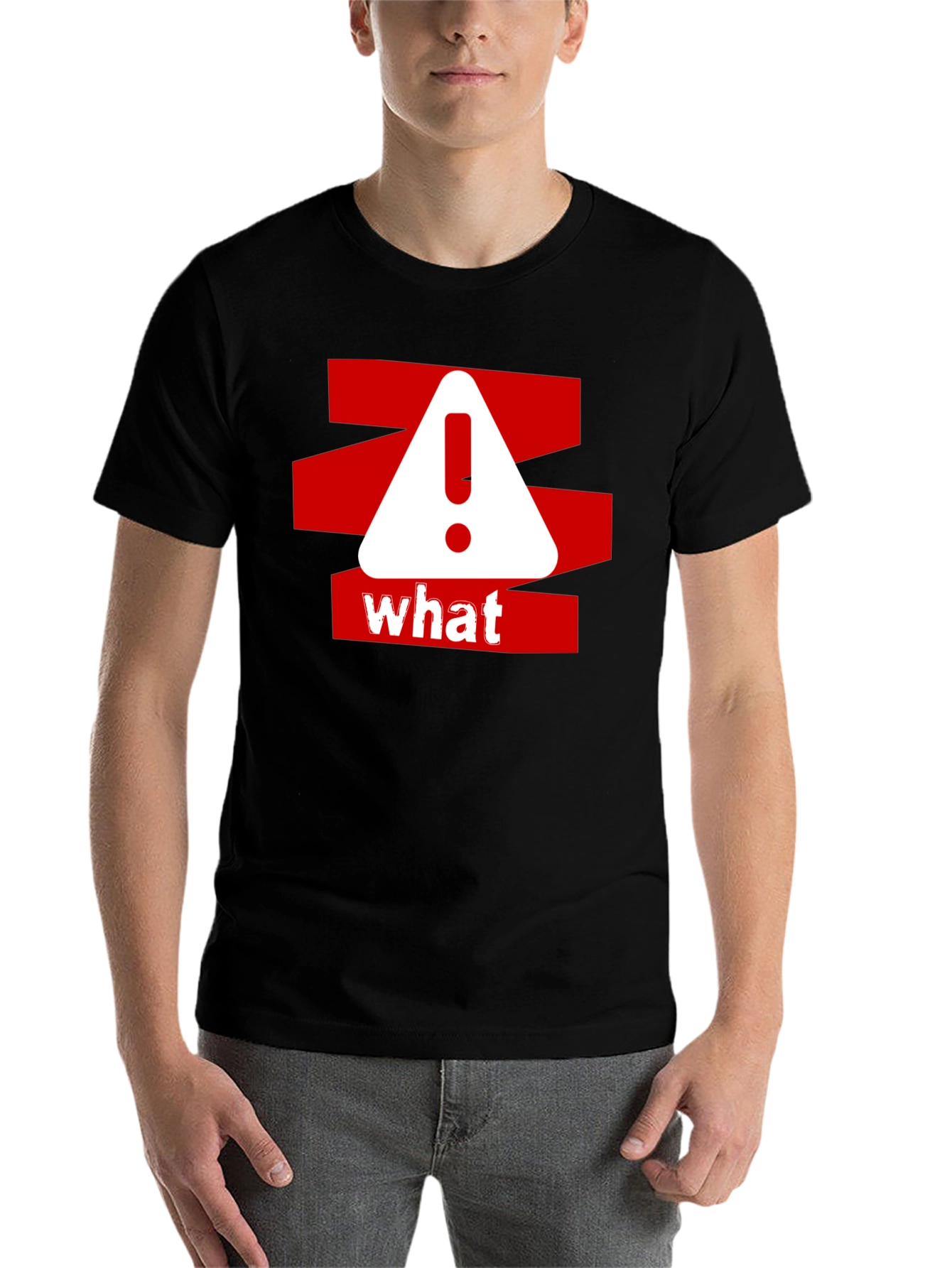 Black What? Graphic Tee - Red and White Warning Design on Black Cotton Shirt view 7