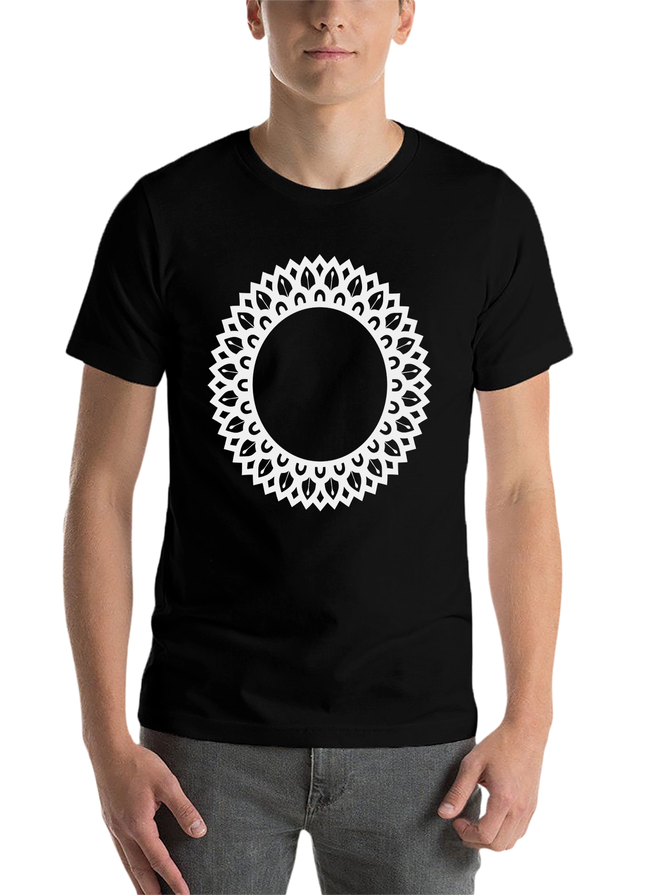 Black Black Tee with Ornamental Sun Mandala Design view 7