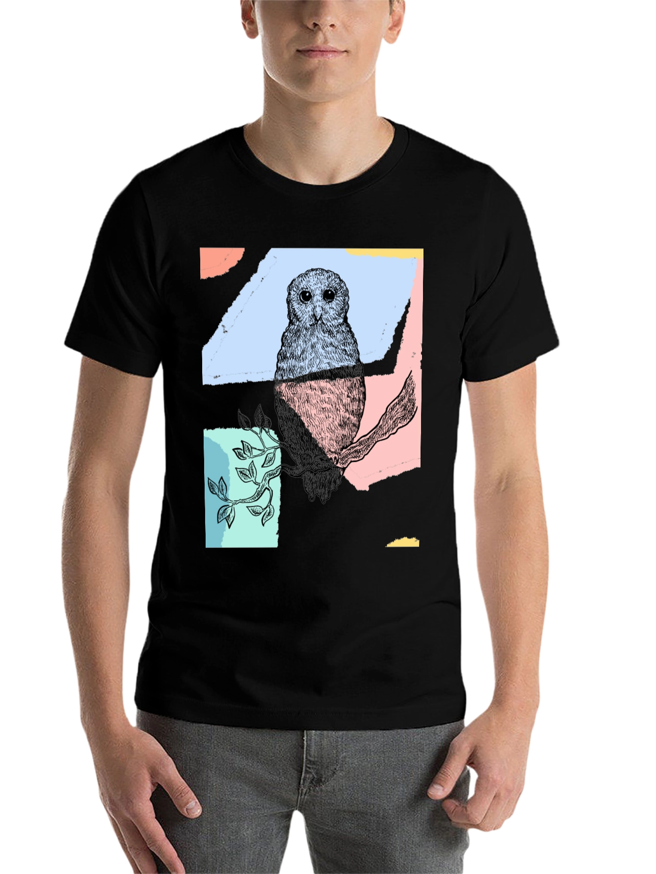 Black Abstract Owl Print Black T-Shirt view 7