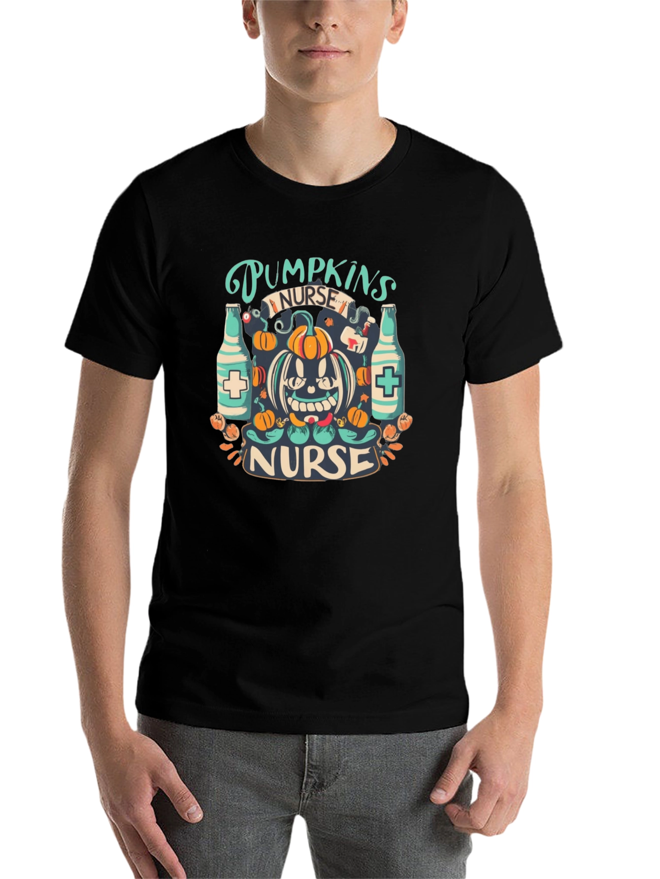 Black Halloween Nurse Pumpkin T-Shirt view 7