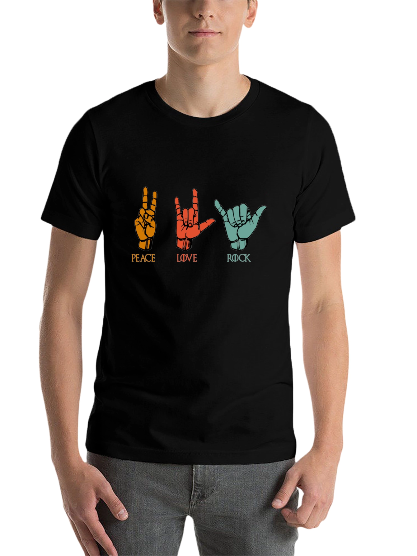 Black Peace Love Rock T-Shirt - Graphic Print Tee view 7
