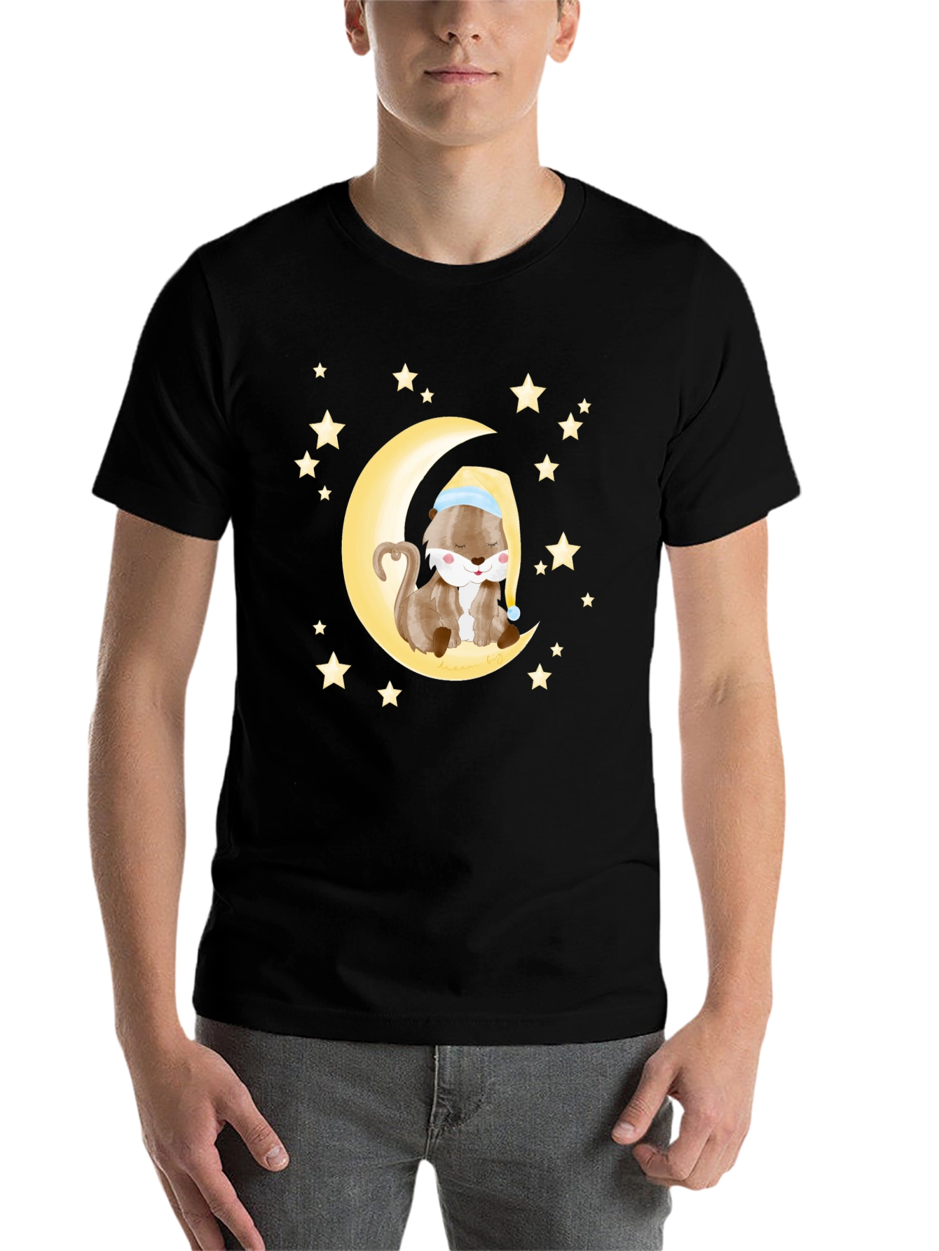 Black Otter Sleeping on Moon Graphic Tee - Black Cotton view 7