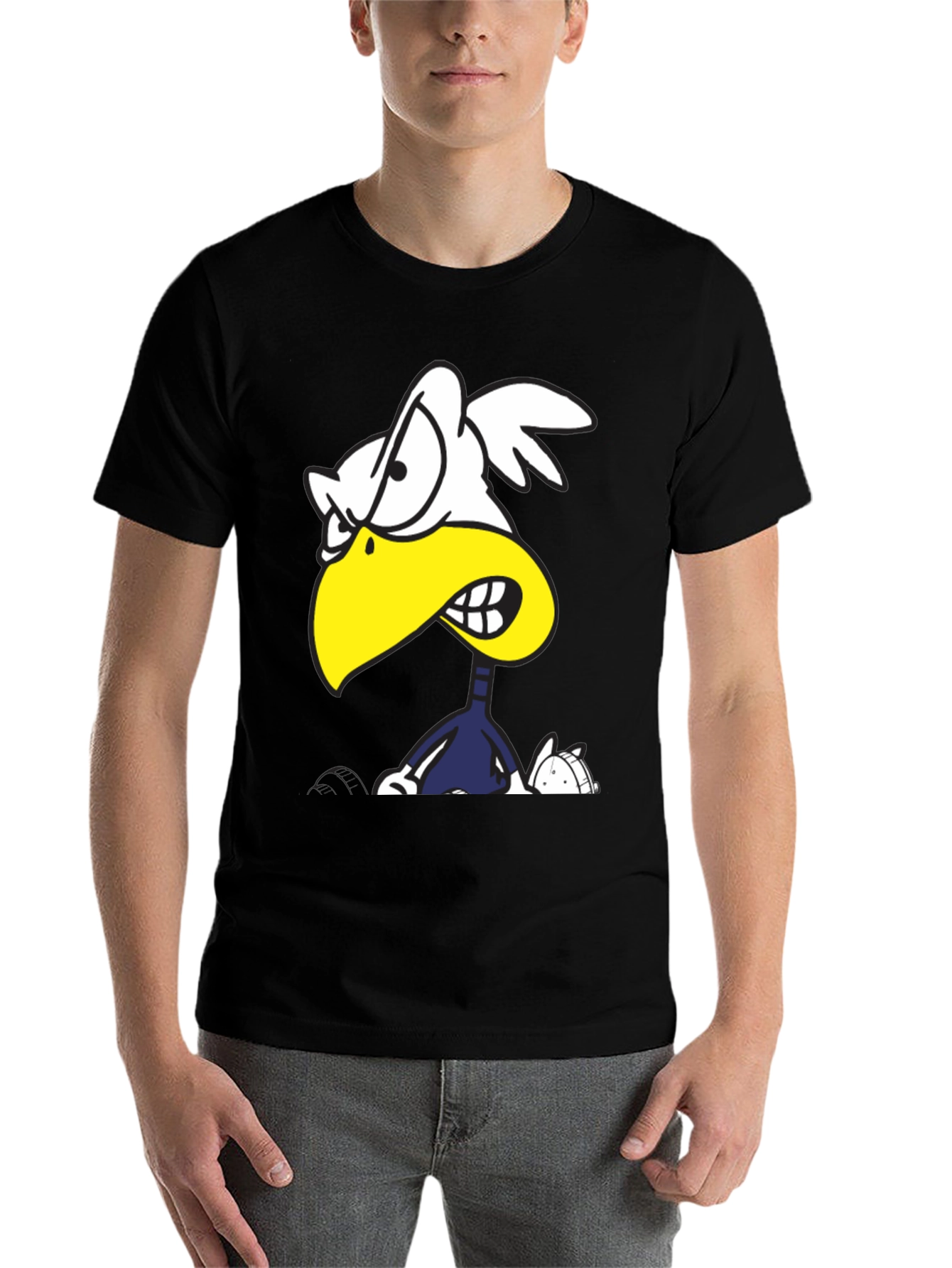 Black Angry Cartoon Bird Graphic Tee - Black Cotton T-Shirt view 7