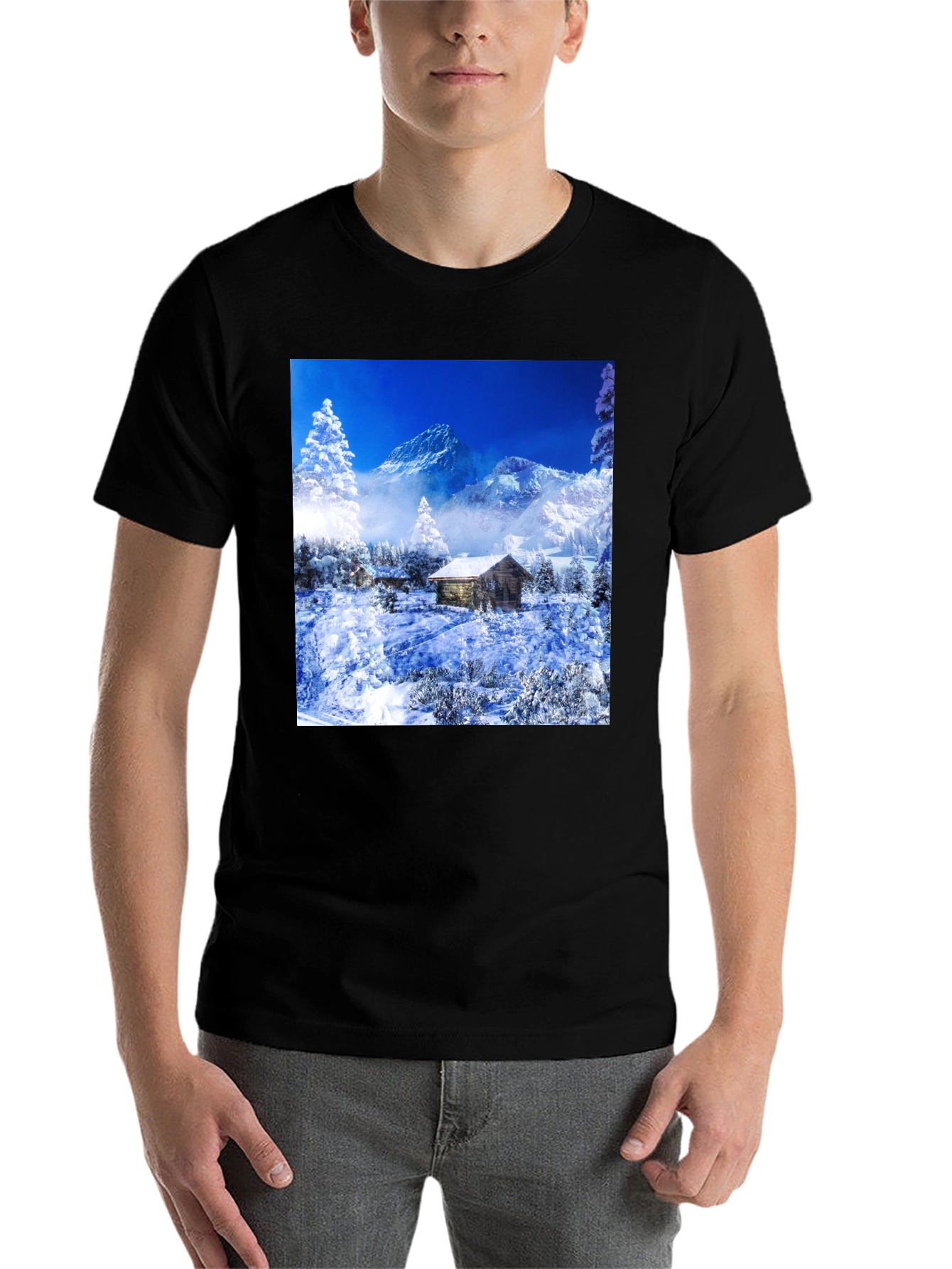 Black Winter Cabin T-Shirt: Mountain Scenery Tee view 7