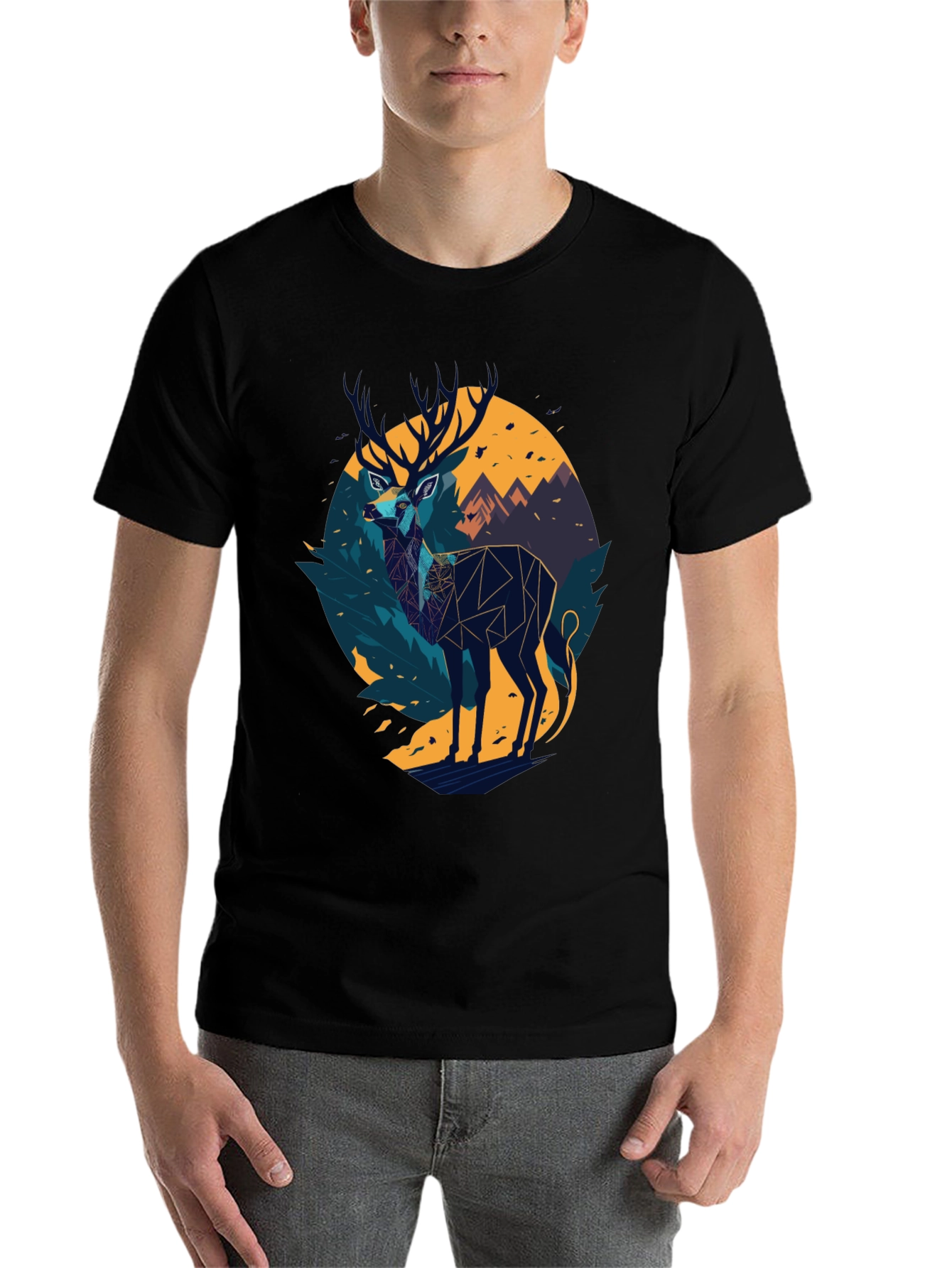 Black Geometric Deer Graphic Black T-Shirt view 7
