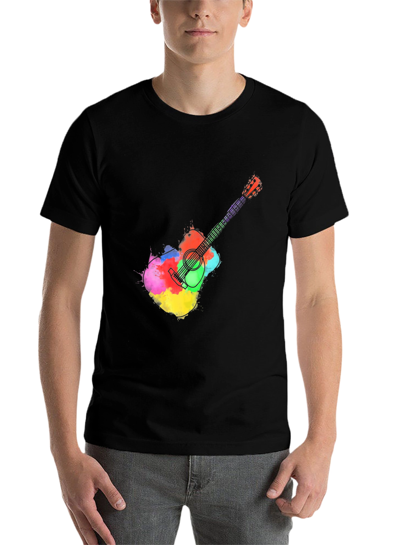 Black Watercolor Guitar Graphic Tee - Black T-Shirt view 7
