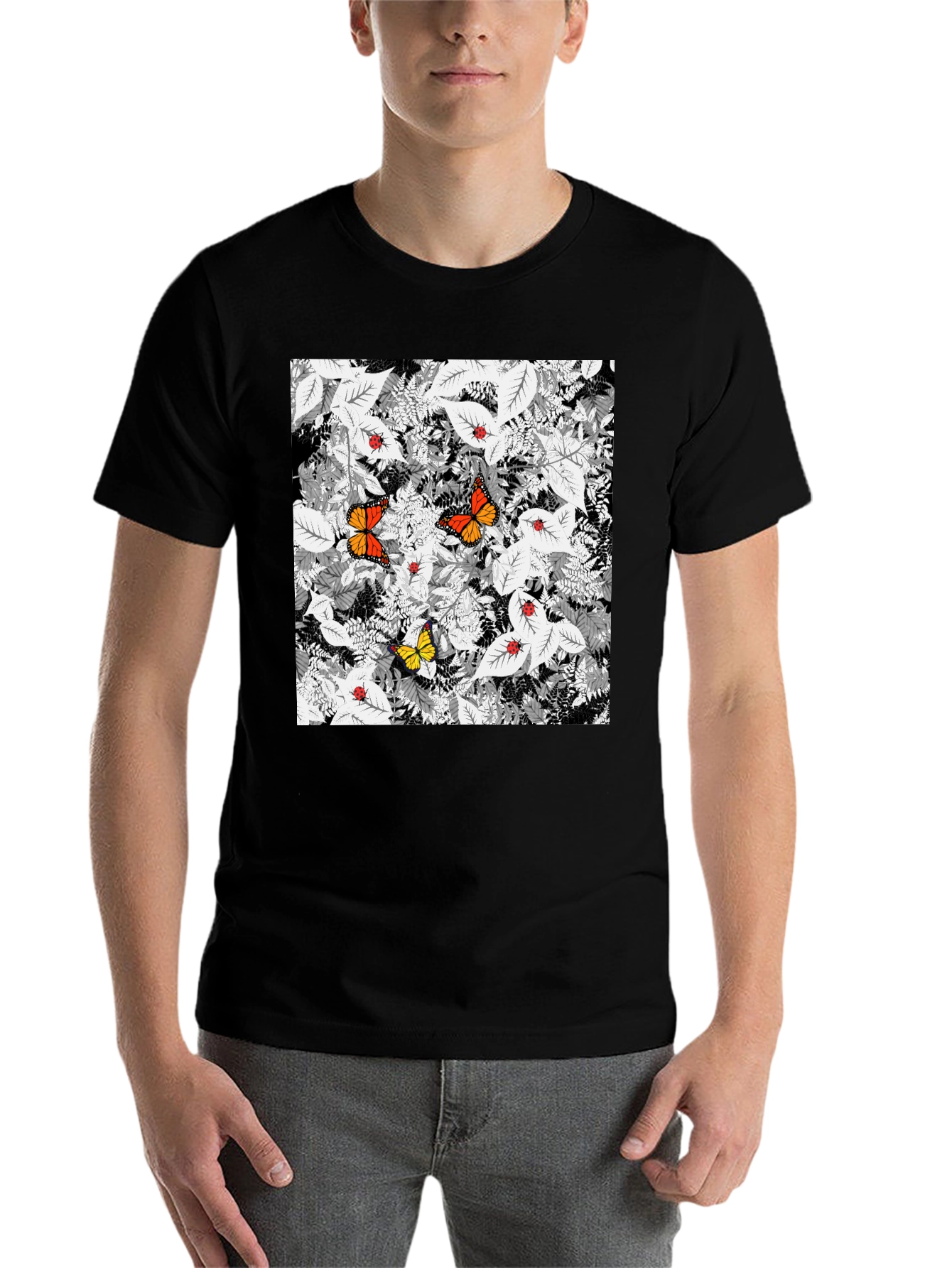Black Butterfly & Ladybug Graphic Print Black T-Shirt view 7