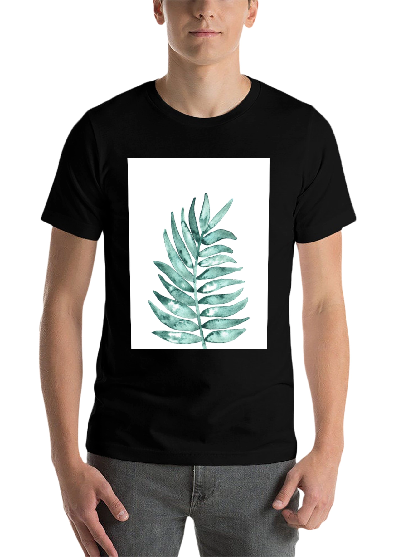 Black Botanical Leaf Print Black T-Shirt view 7