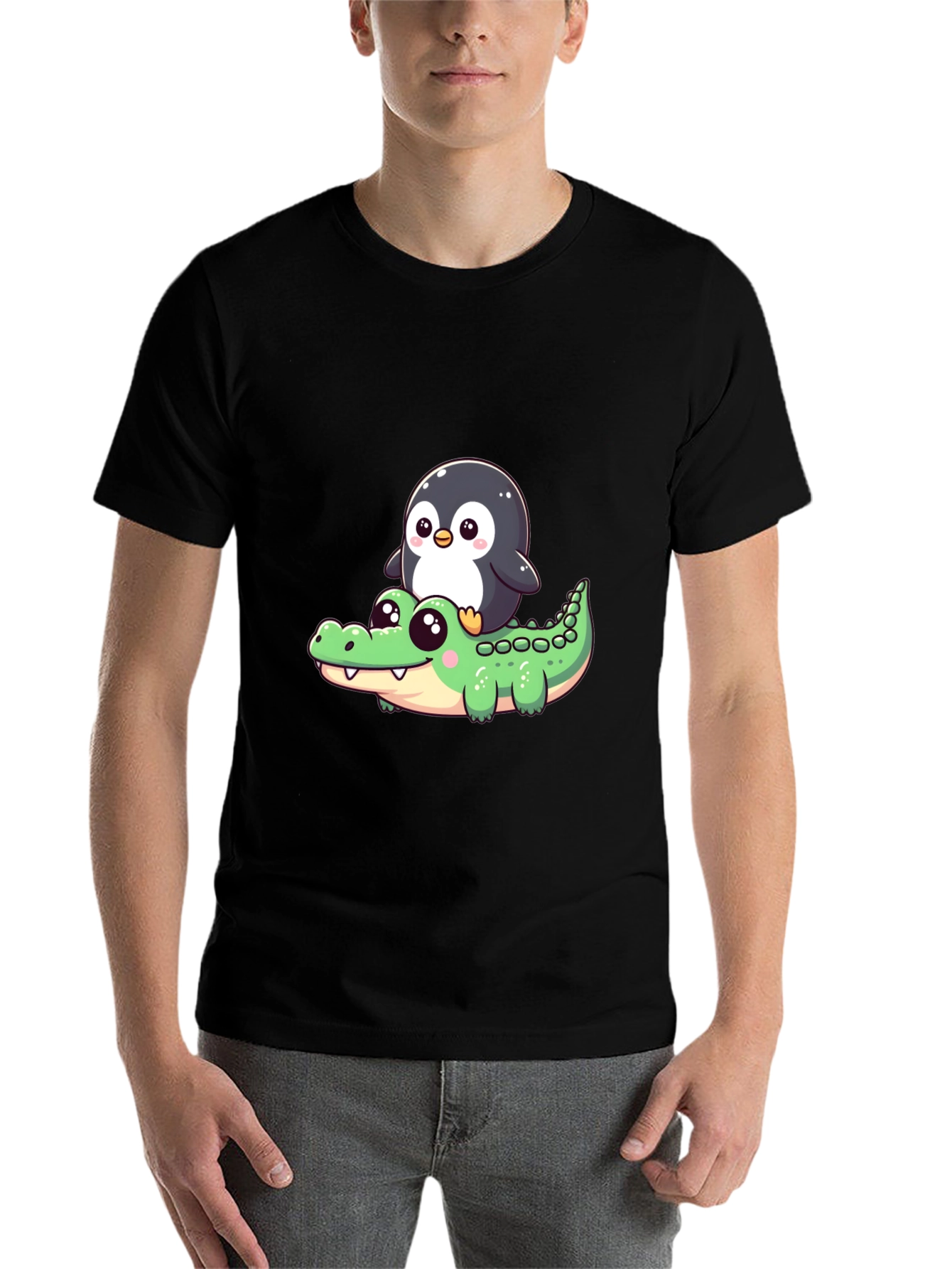 Black Cute Penguin Riding Alligator Graphic Tee - Black view 7
