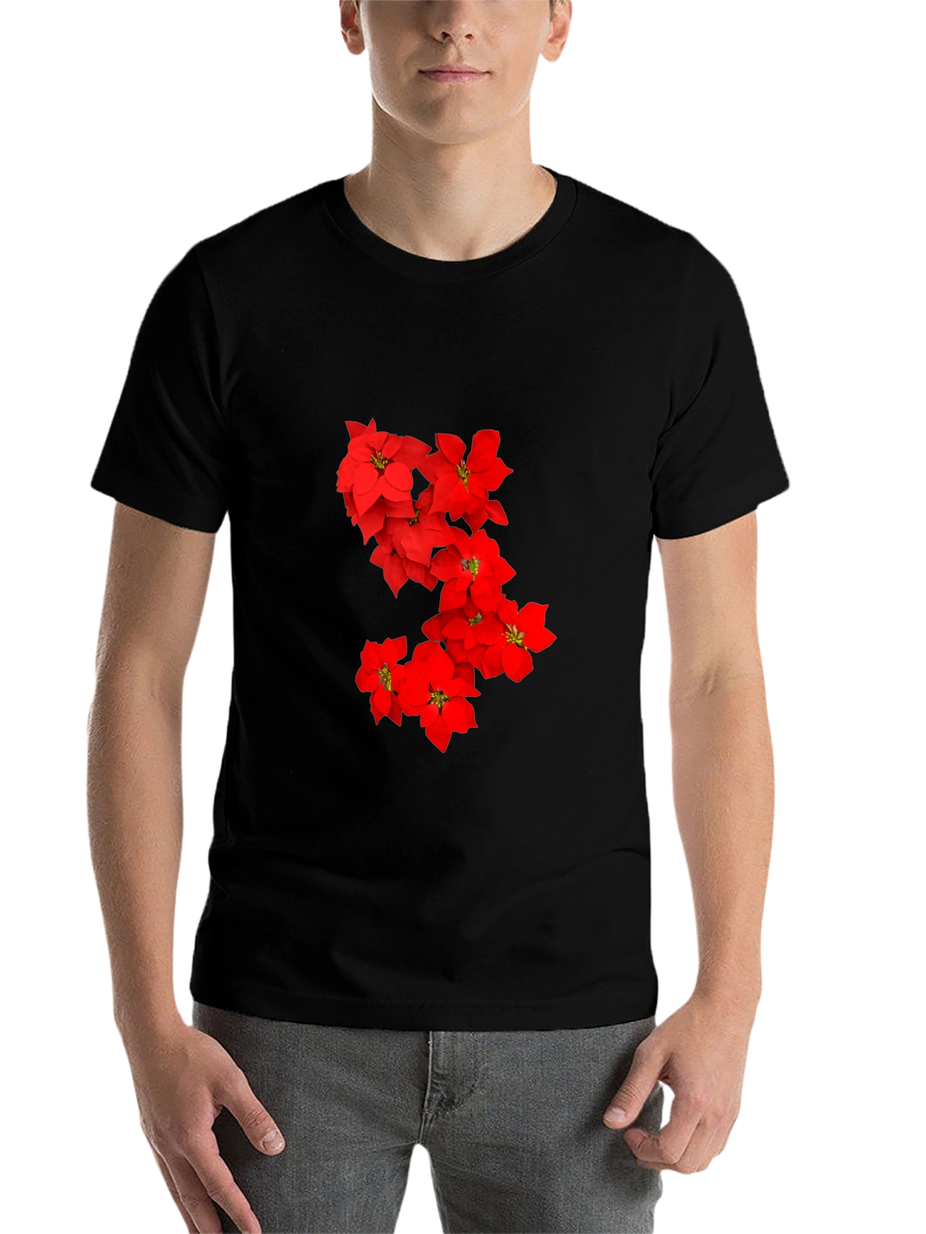 Black Red Floral Print Black T-Shirt for Men view 7