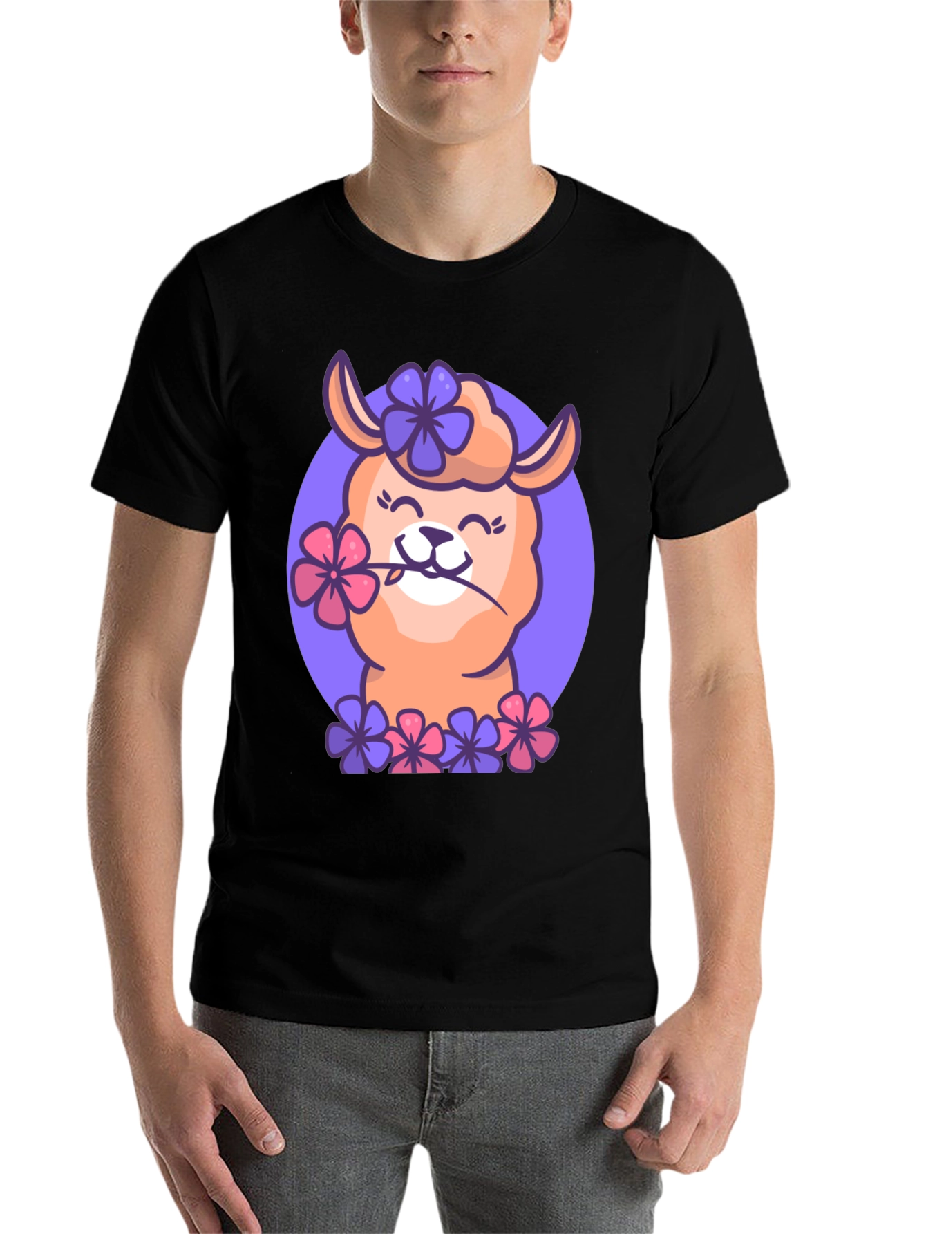 Black Llama Flower Power T-Shirt - Cute Cartoon Design view 7