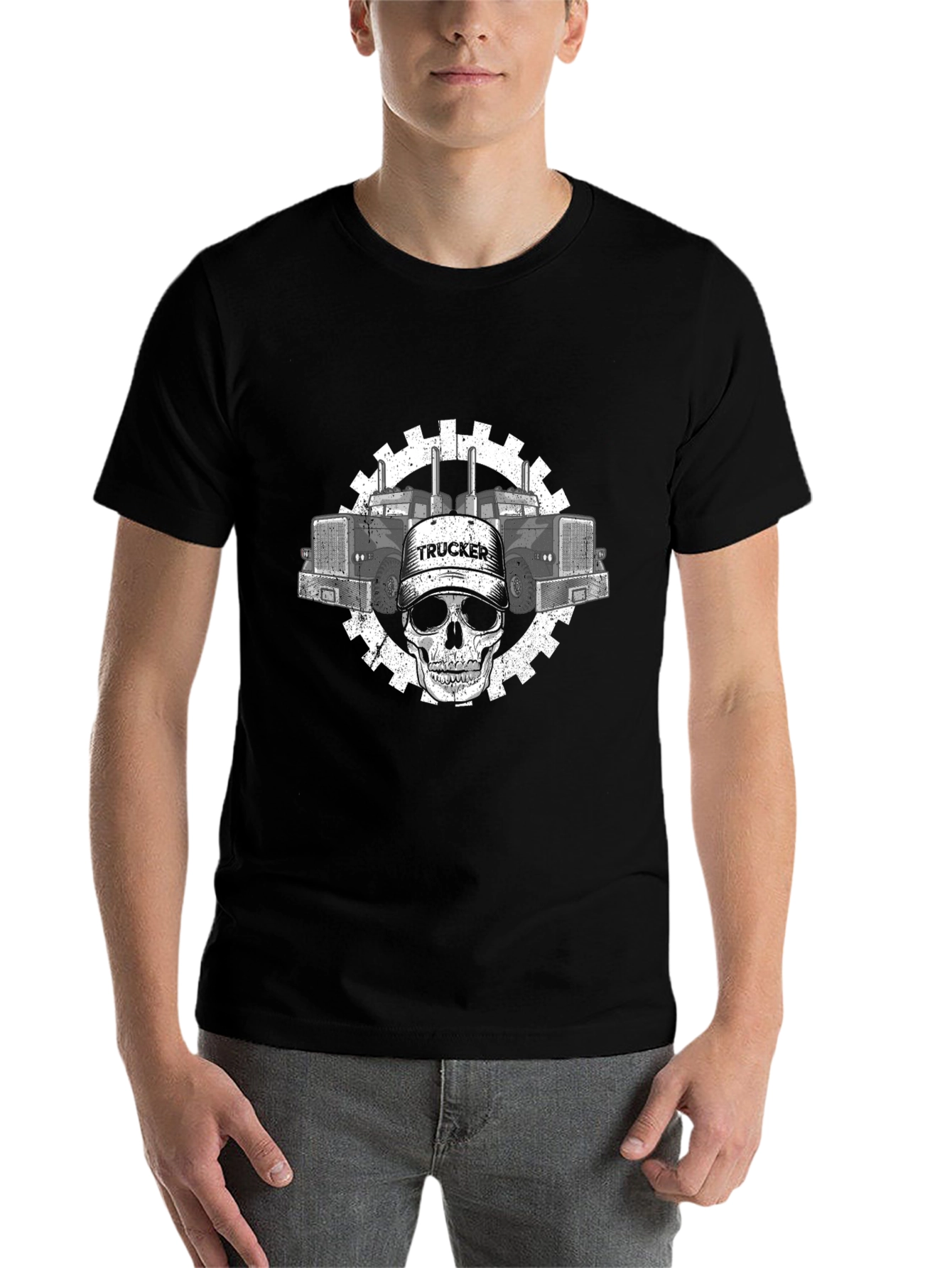 Black Trucker Skull Graphic Tee - Black Cotton view 7