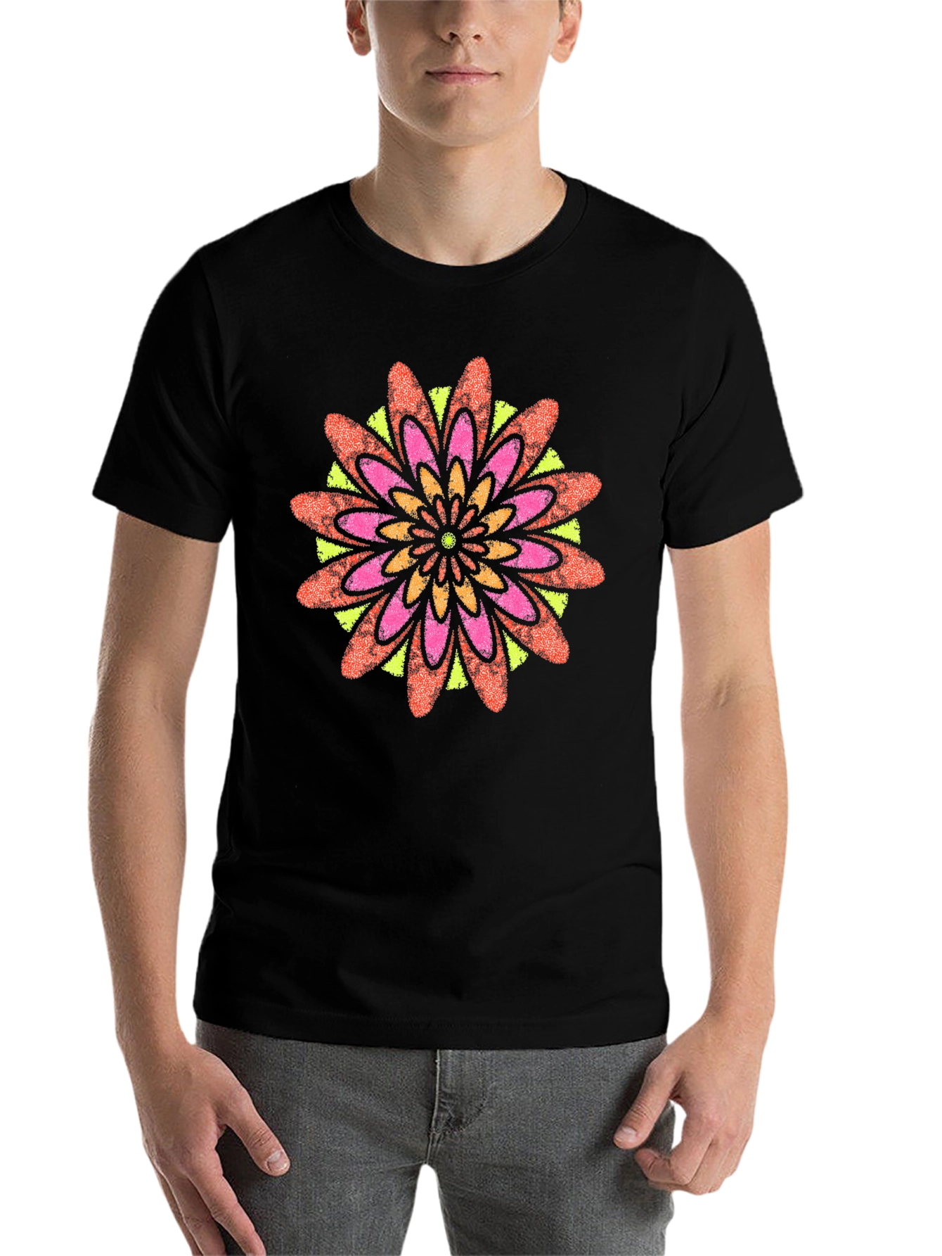 Black Vibrant Floral Mandala Black T-Shirt view 7