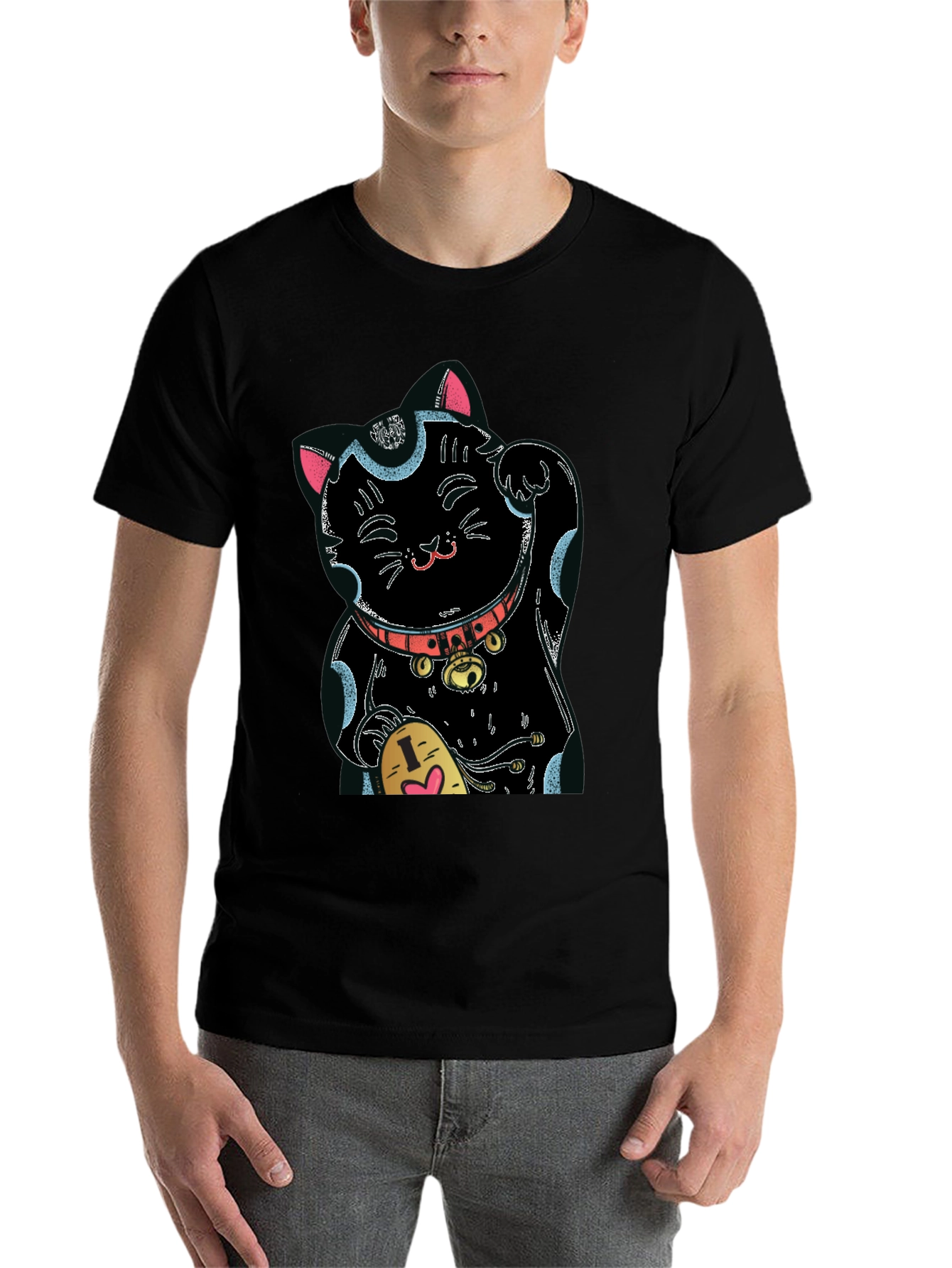 Black Lucky Cat Graphic Tee - Black Cotton Blend view 7
