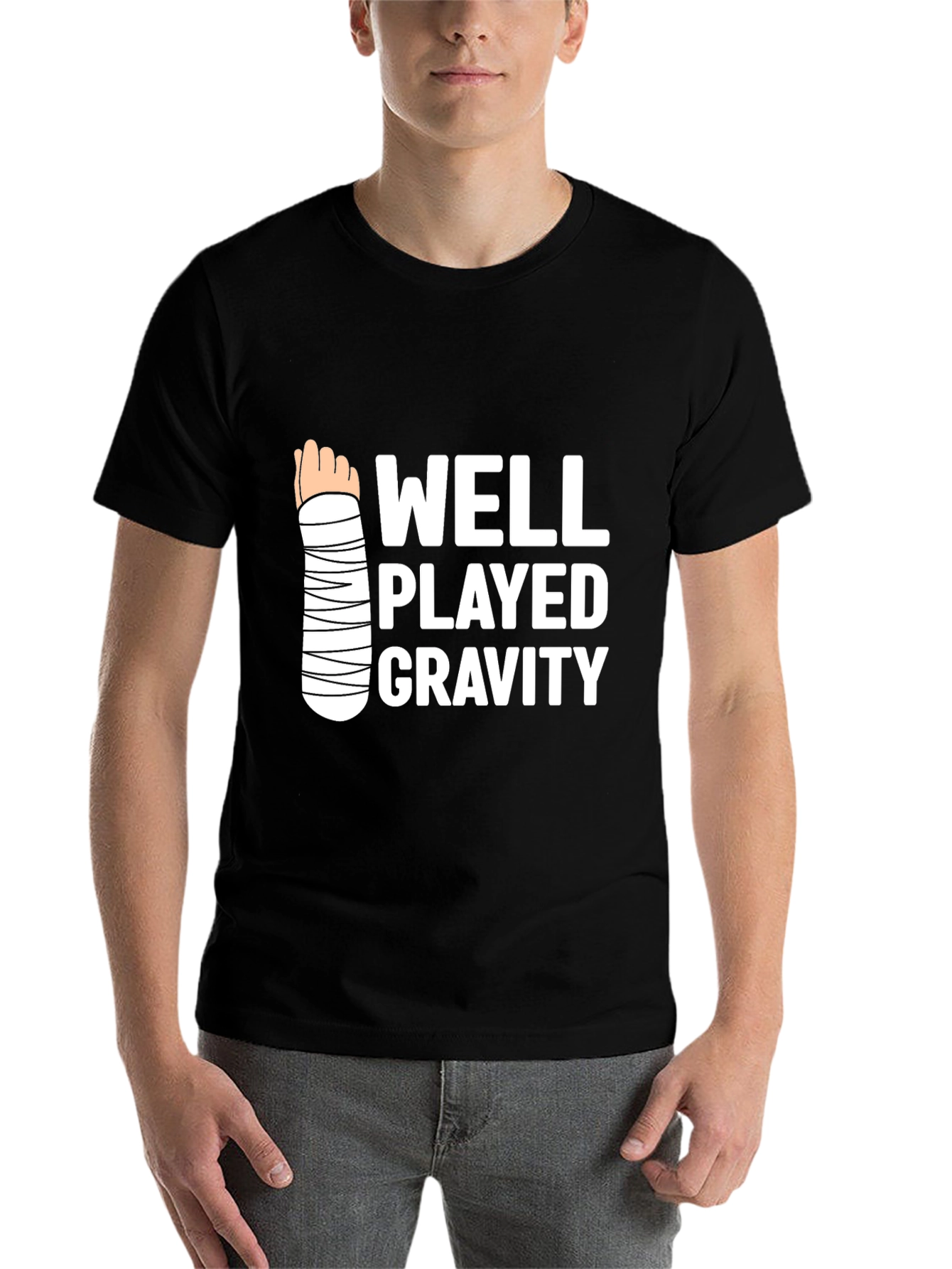 Black Funny Well Played Gravity T-Shirt - Broken Arm Humor Tee view 7