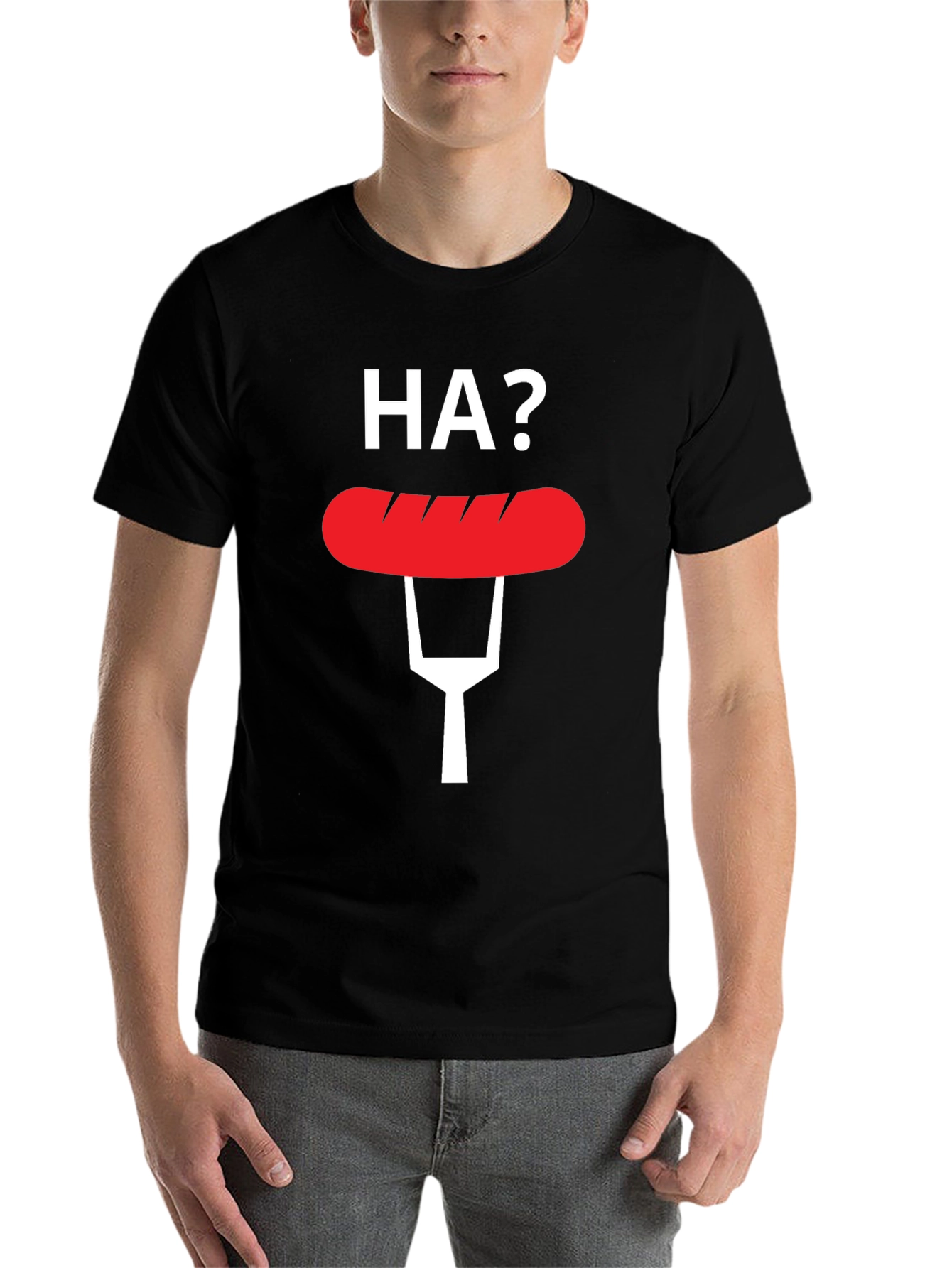 Black Funny "HA?" Hot Dog T-Shirt view 7