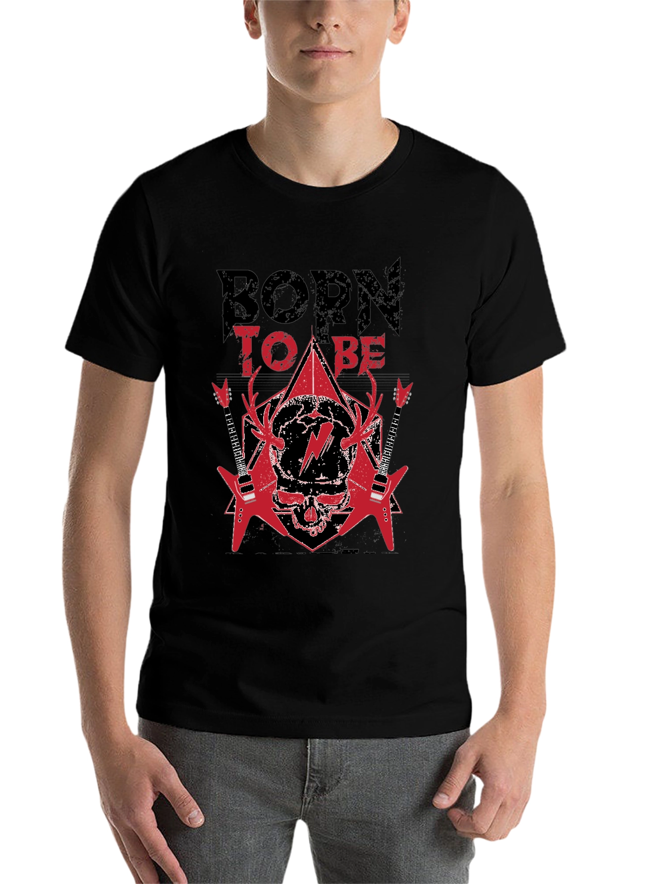 Black Born to Be Rock T-Shirt - Skull & Guitars view 7
