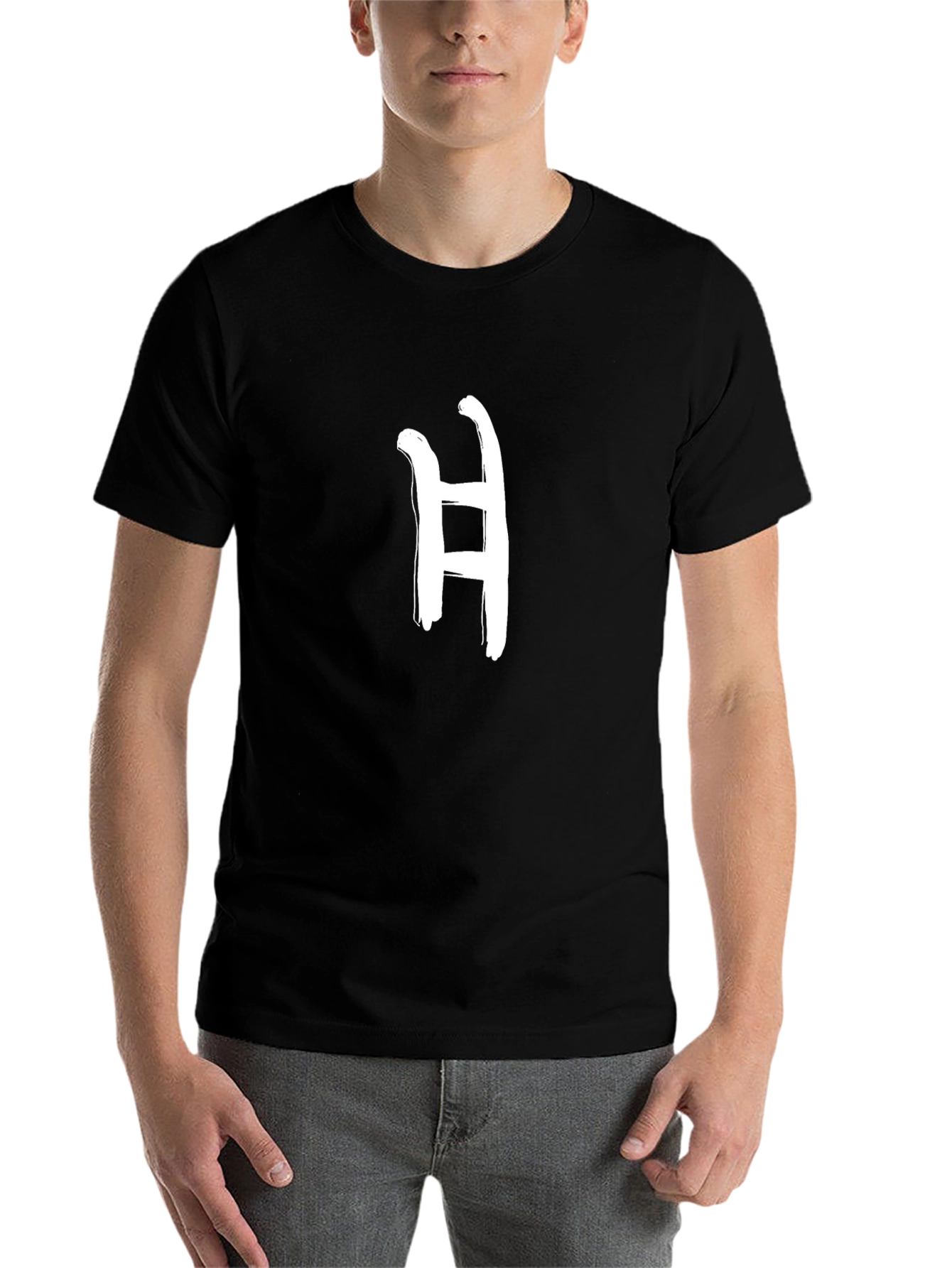 Black Men's Black T-Shirt with Letter H Graphic Print view 7
