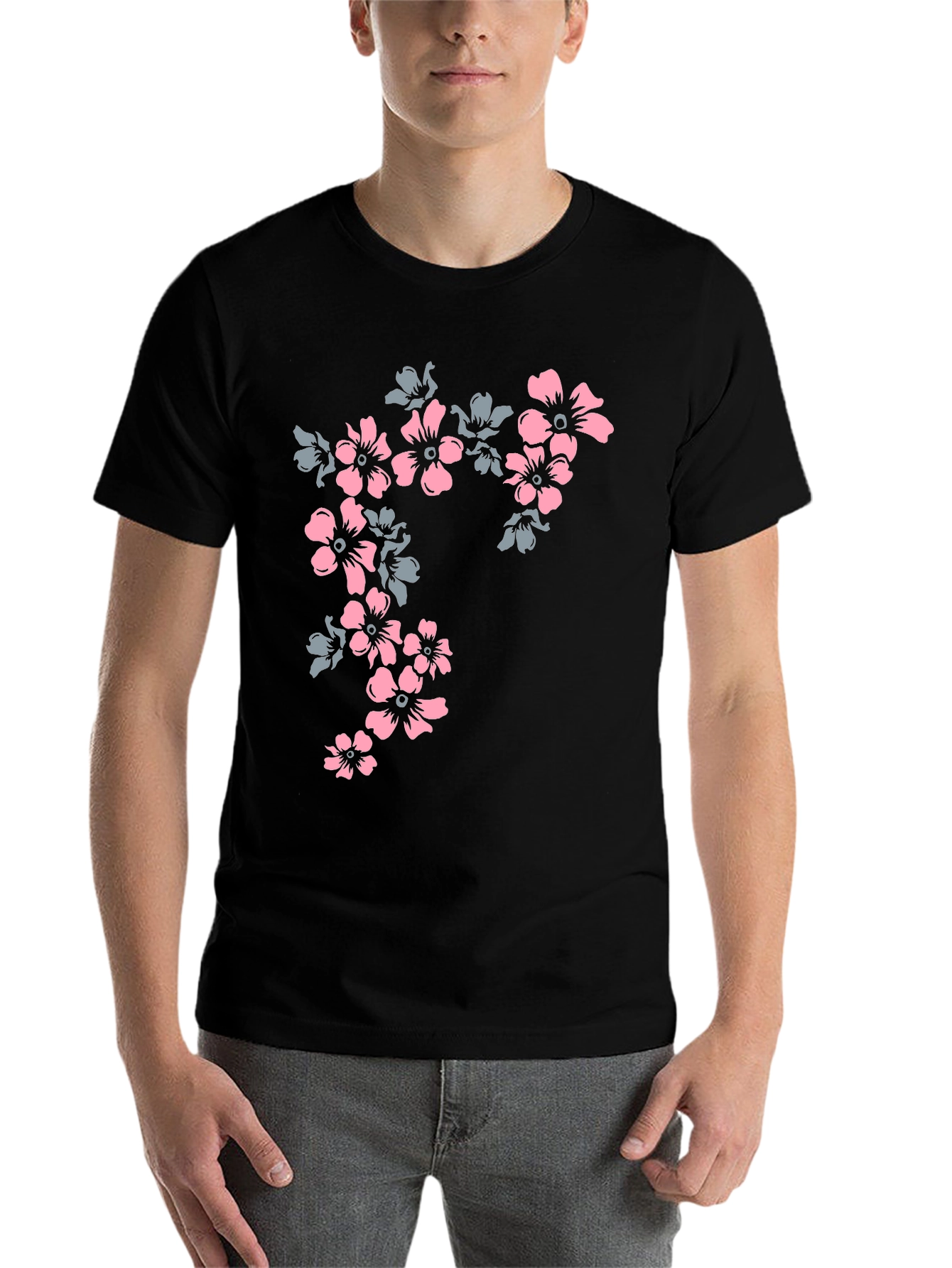 Black Floral Print Tee - Black Casual T-Shirt view 7