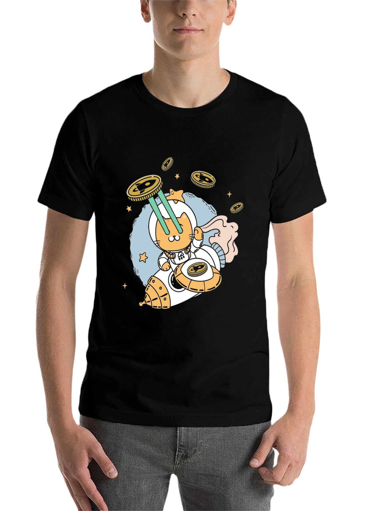 Black Cosmic Cat T-Shirt - Space Adventure Tee view 7