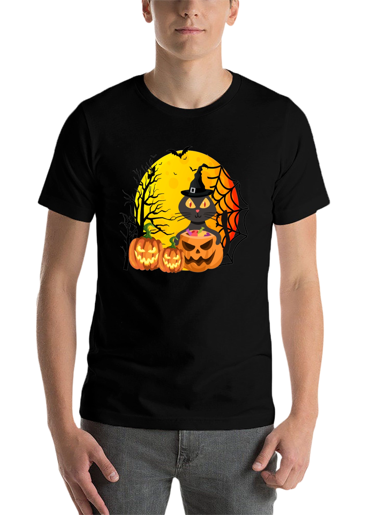 Black Halloween Cat & Pumpkins Black T-Shirt view 7