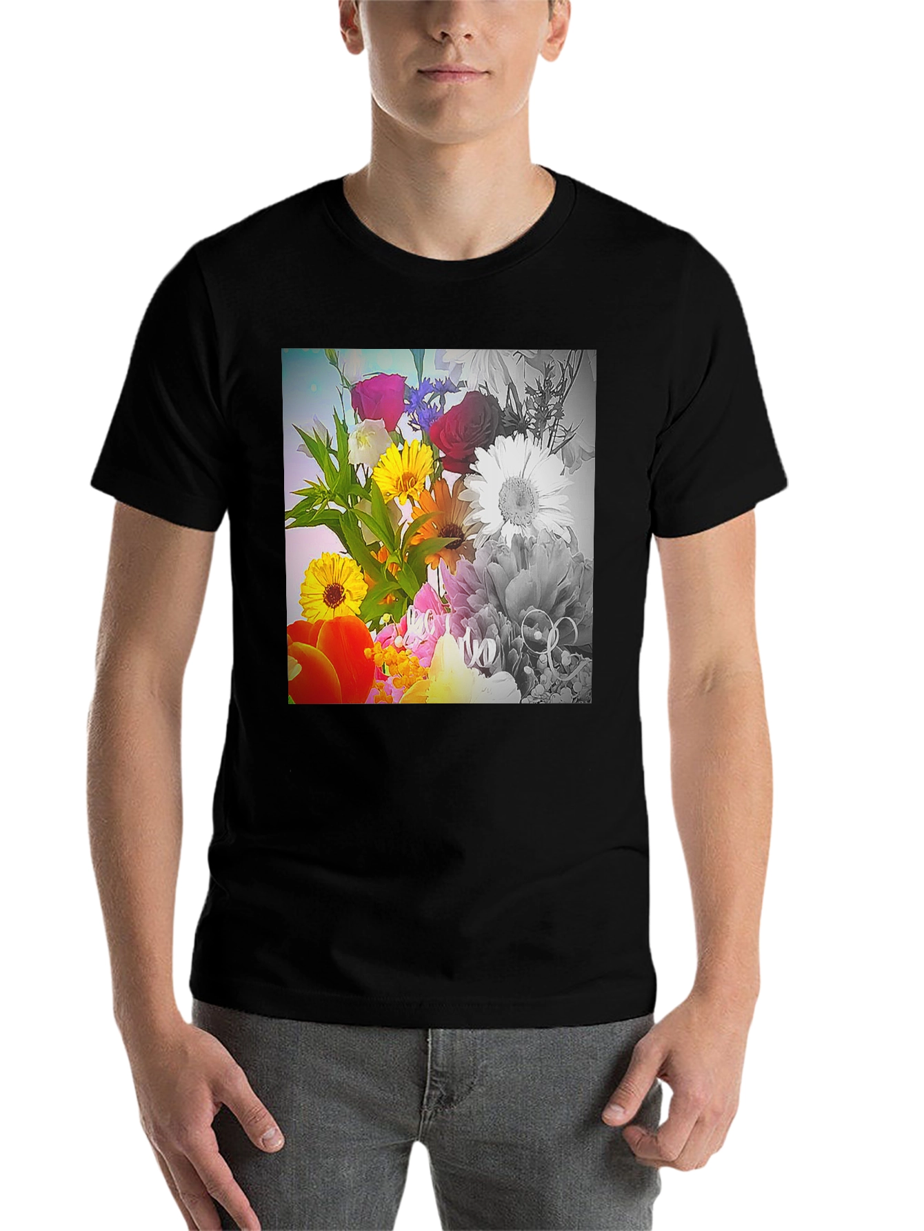Black Floral Bouquet Graphic T-Shirt - Vivid Print Tee view 7