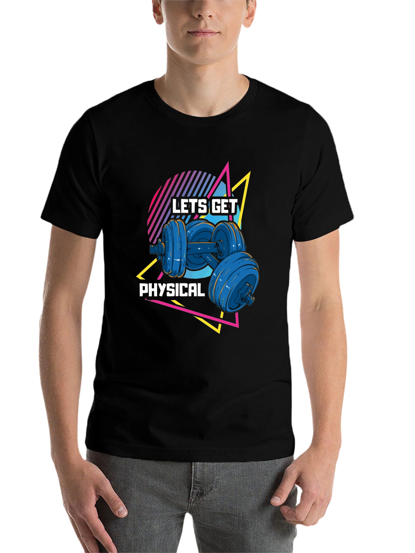 Black Lets Get Physical Black T-Shirt Retro Dumbbell Design view 7
