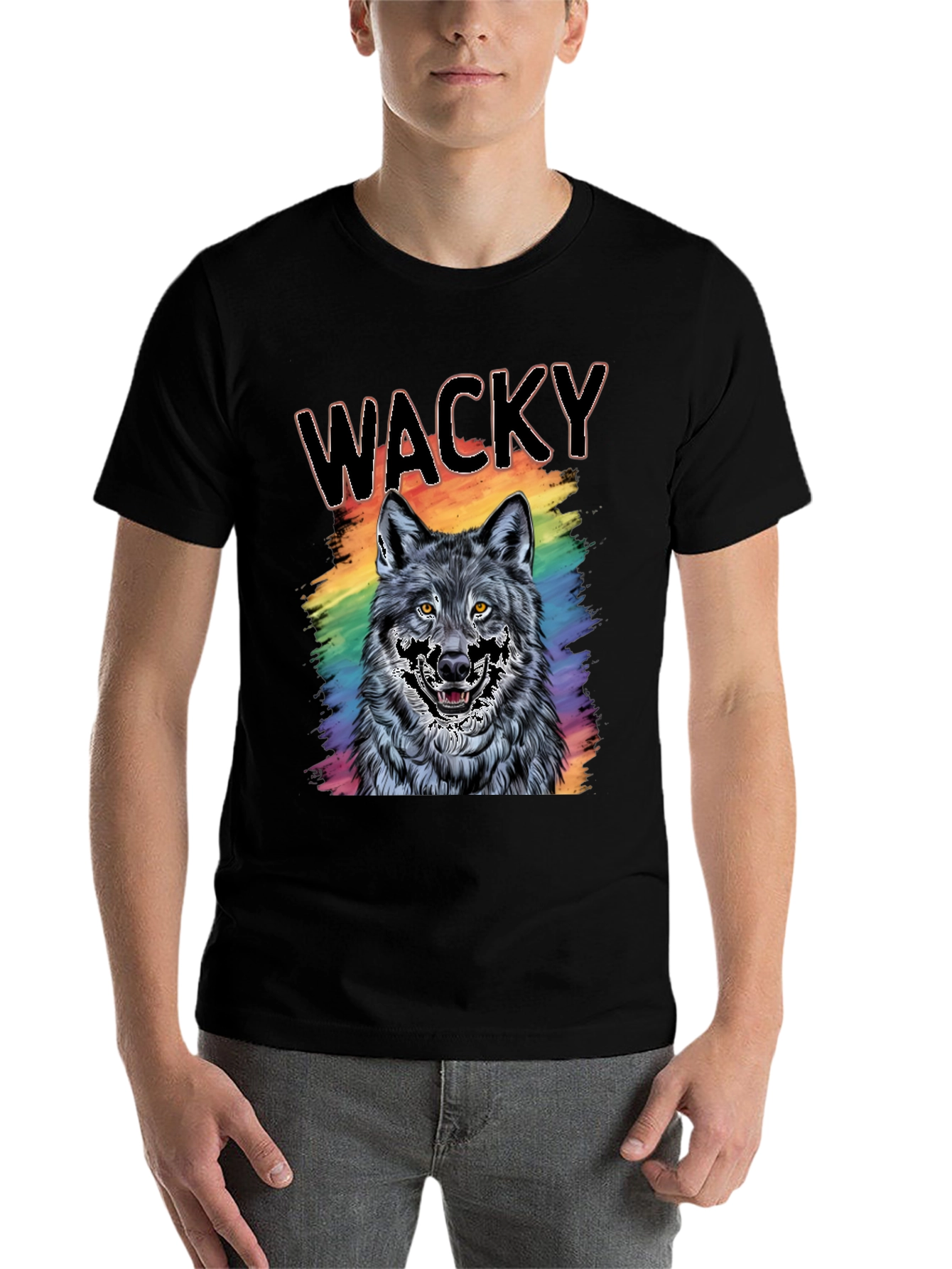 Black Wacky Wolf Graphic Tee - Colorful Animal T-Shirt view 7