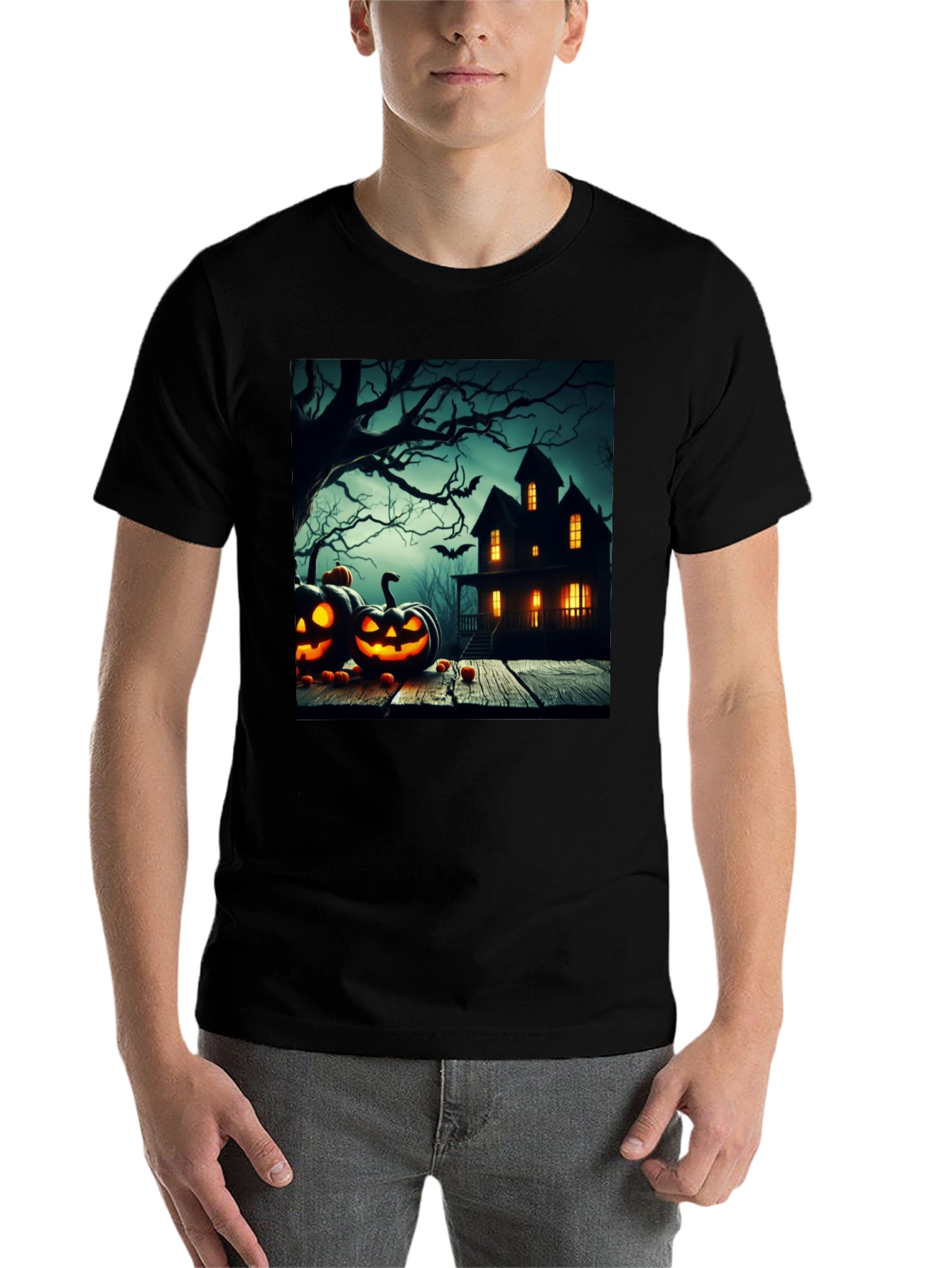 Black Halloween Haunted House T-Shirt view 7