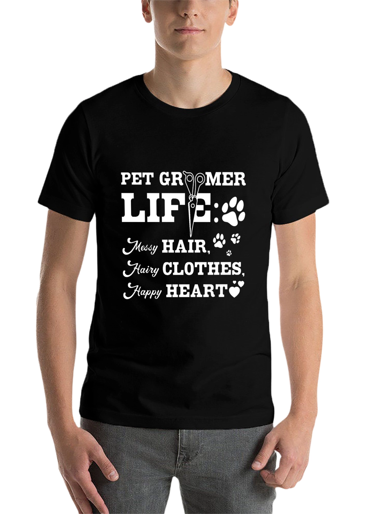 Black Pet Groomer Life Graphic T-Shirt - Messy Hair, Happy Heart view 7