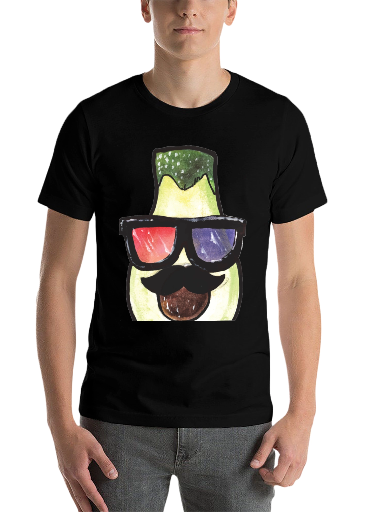 Black Funny Avocado 3D Glasses Graphic T-Shirt view 7