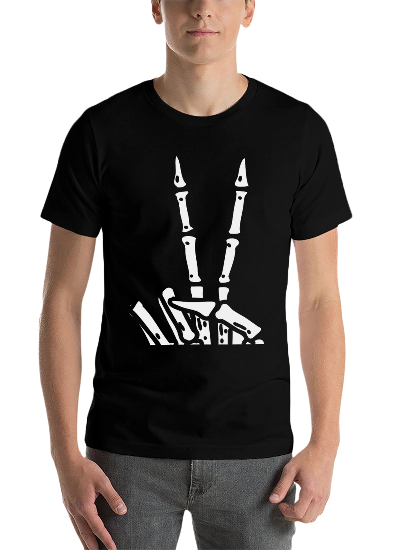 Skeleton Hand Peace Sign Graphic Tee - Black - 7