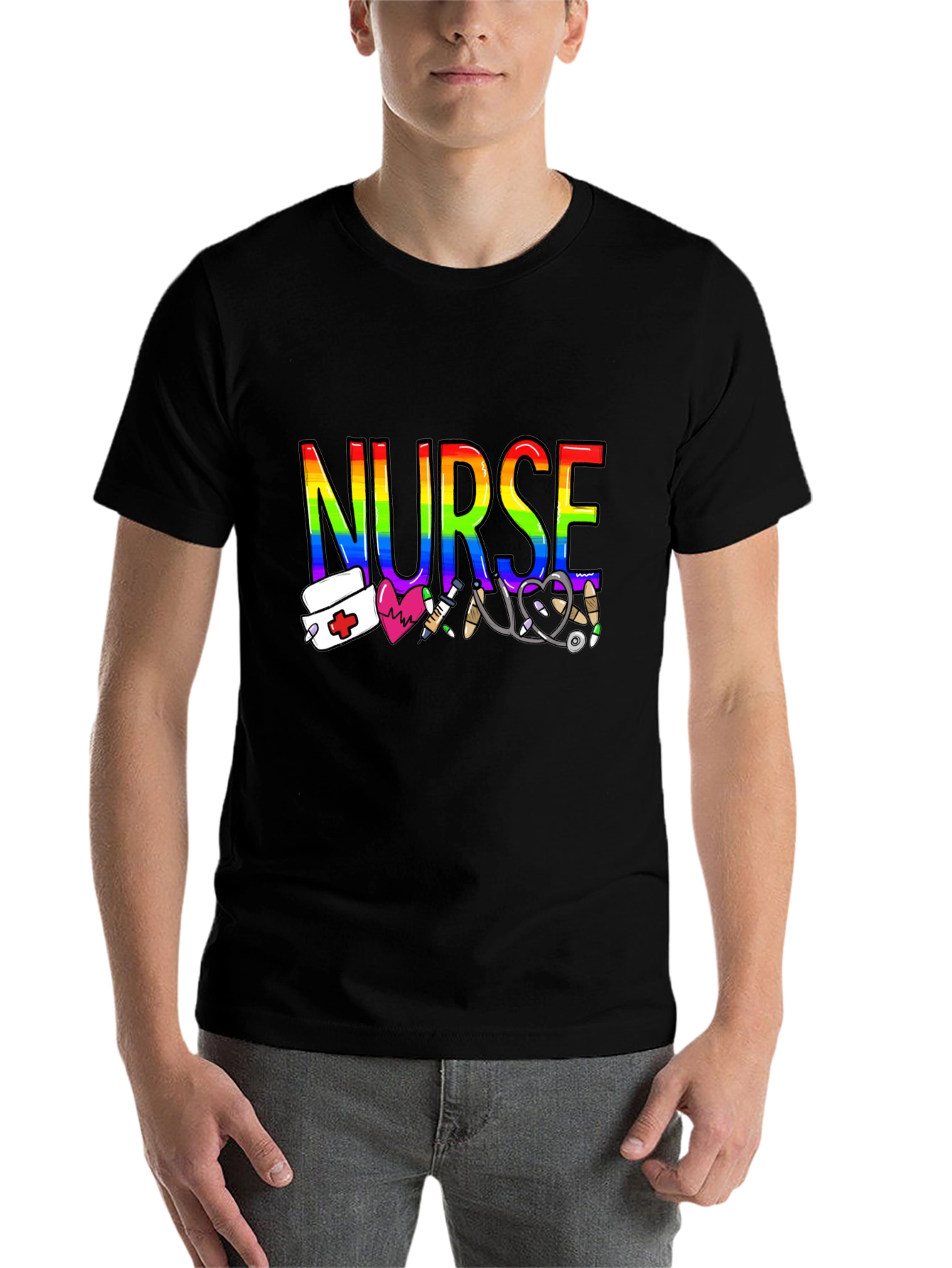 Black Rainbow Nurse Graphic T-Shirt - Medical Pride Tee view 7