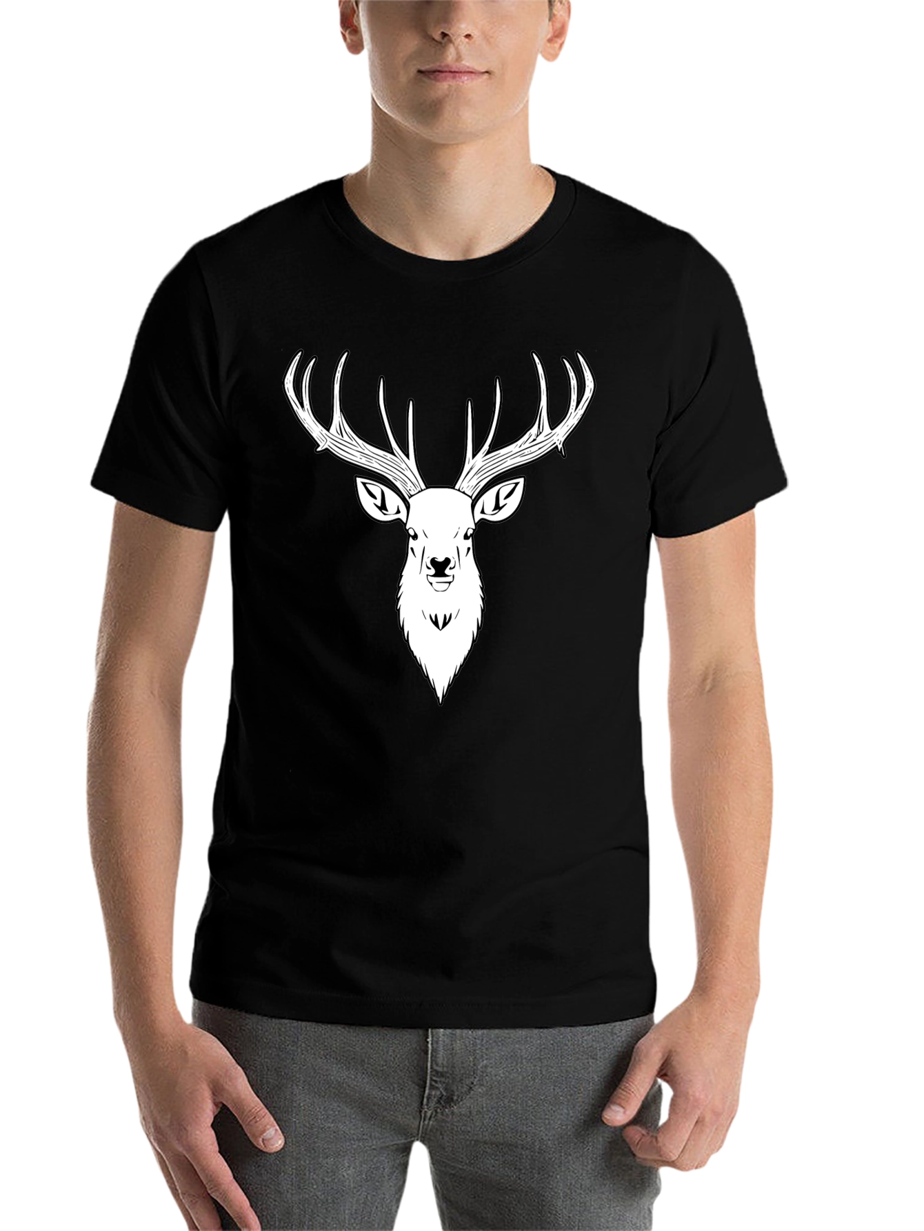 Black Men's Black T-Shirt with Stag Head Print view 7
