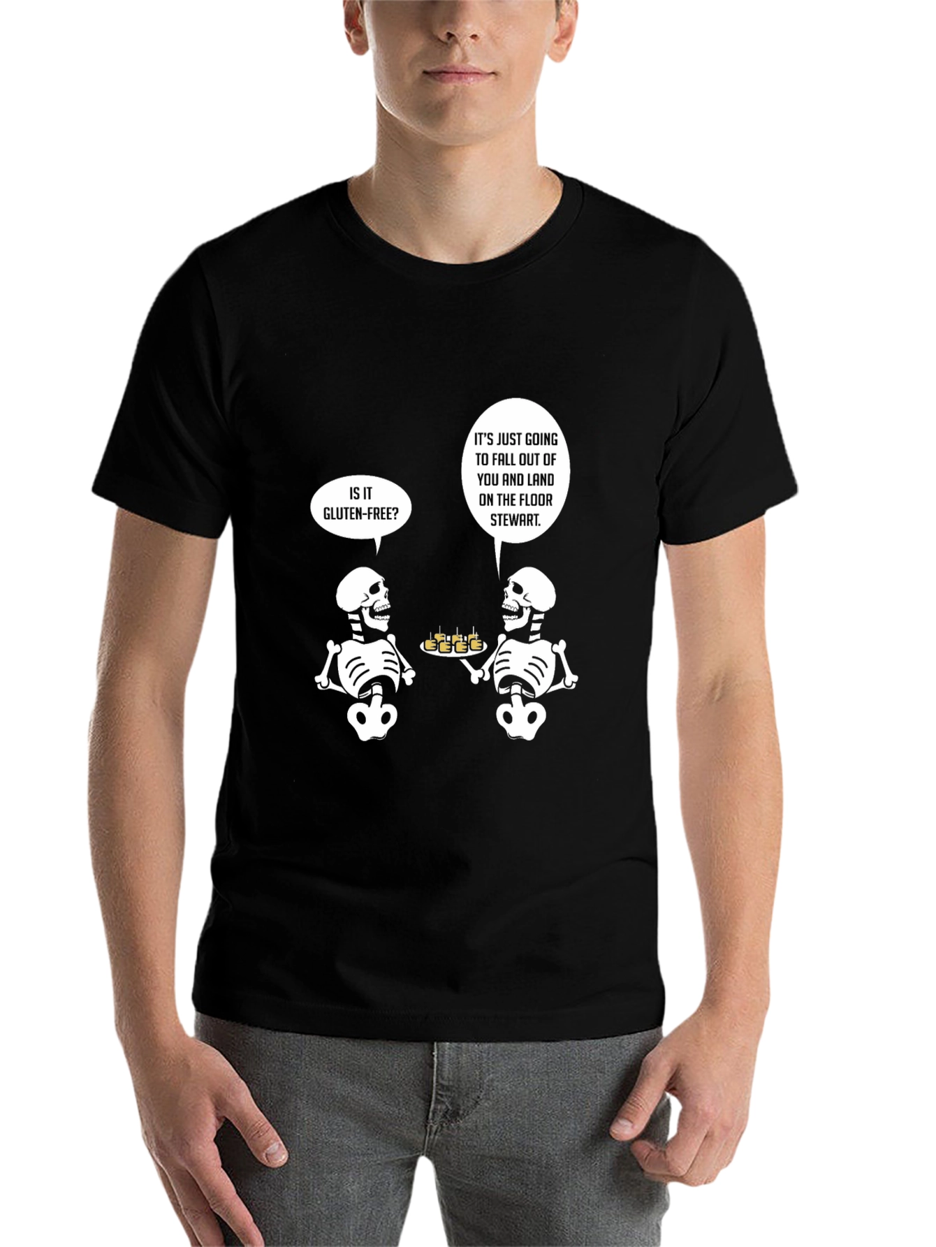 Black Gluten-Free Skeleton Humor T-Shirt view 7