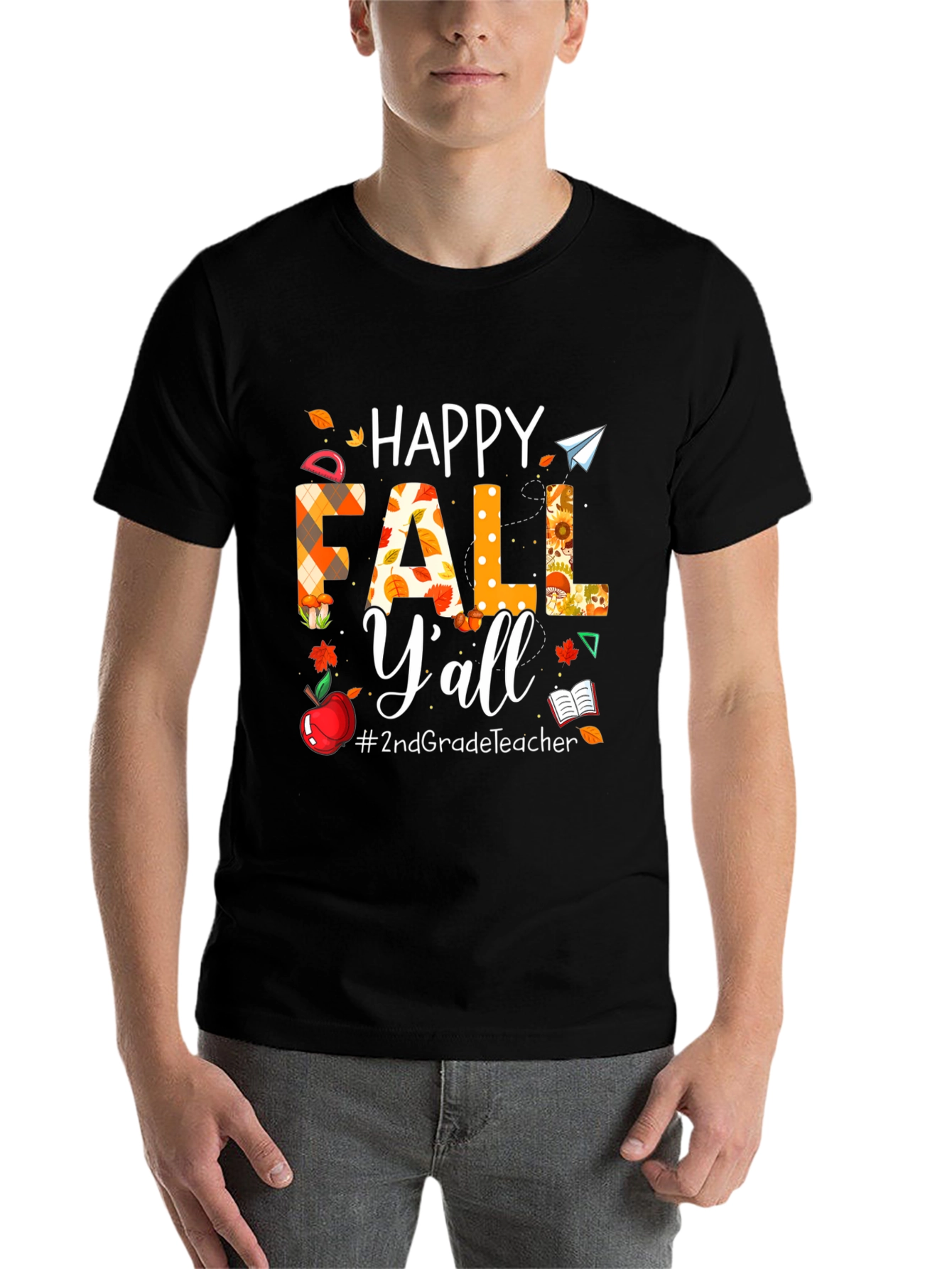 Black Happy Fall Y'all Teacher T-Shirt view 7