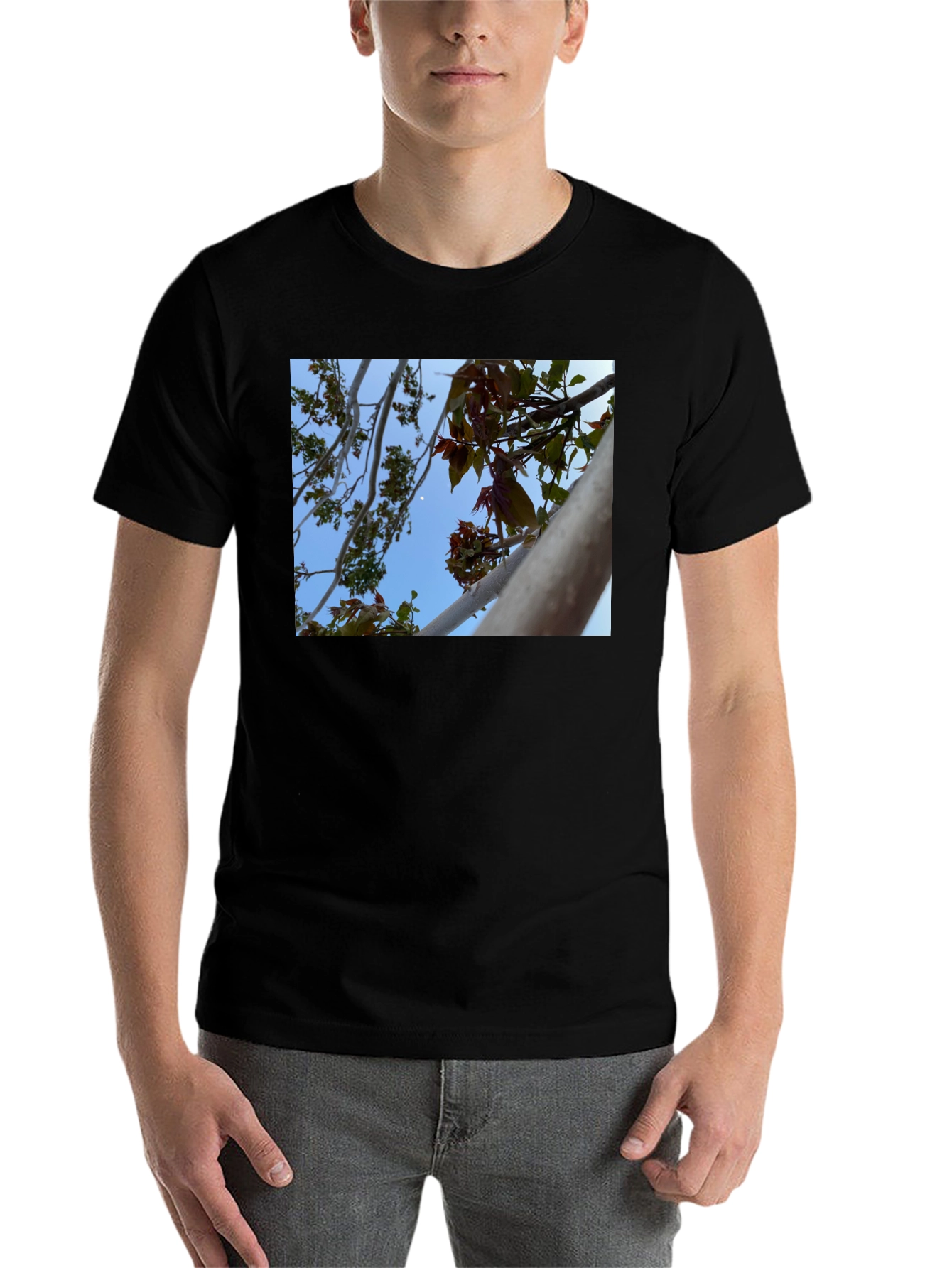Black Nature View T-Shirt - Branches & Sky Design view 7