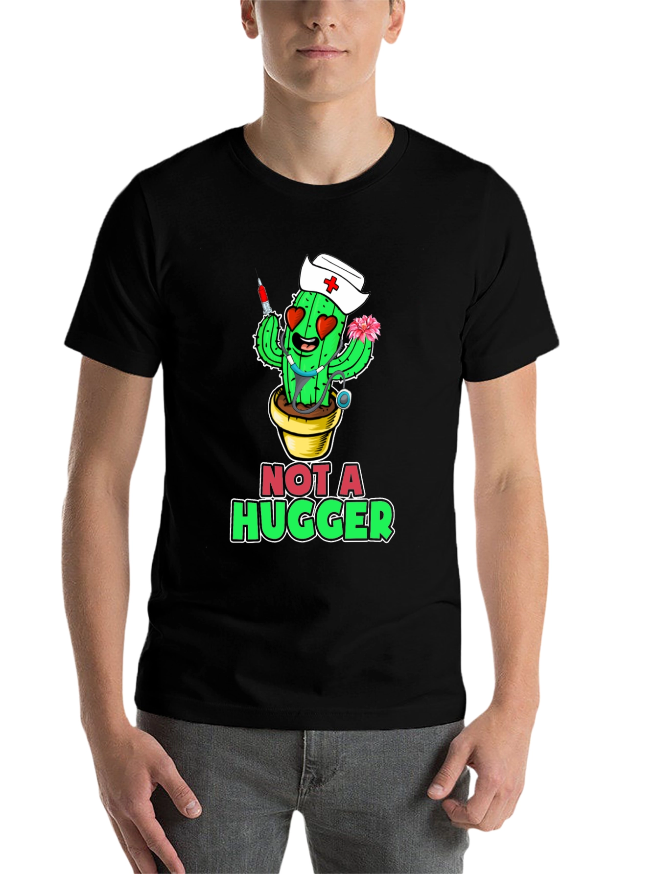 Black Not A Hugger Cactus Nurse T-Shirt view 7