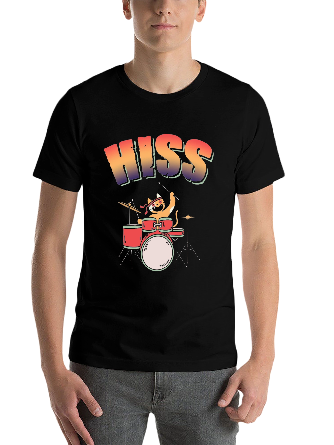 Black HISS Cat Drummer T-Shirt - Rock On! view 7